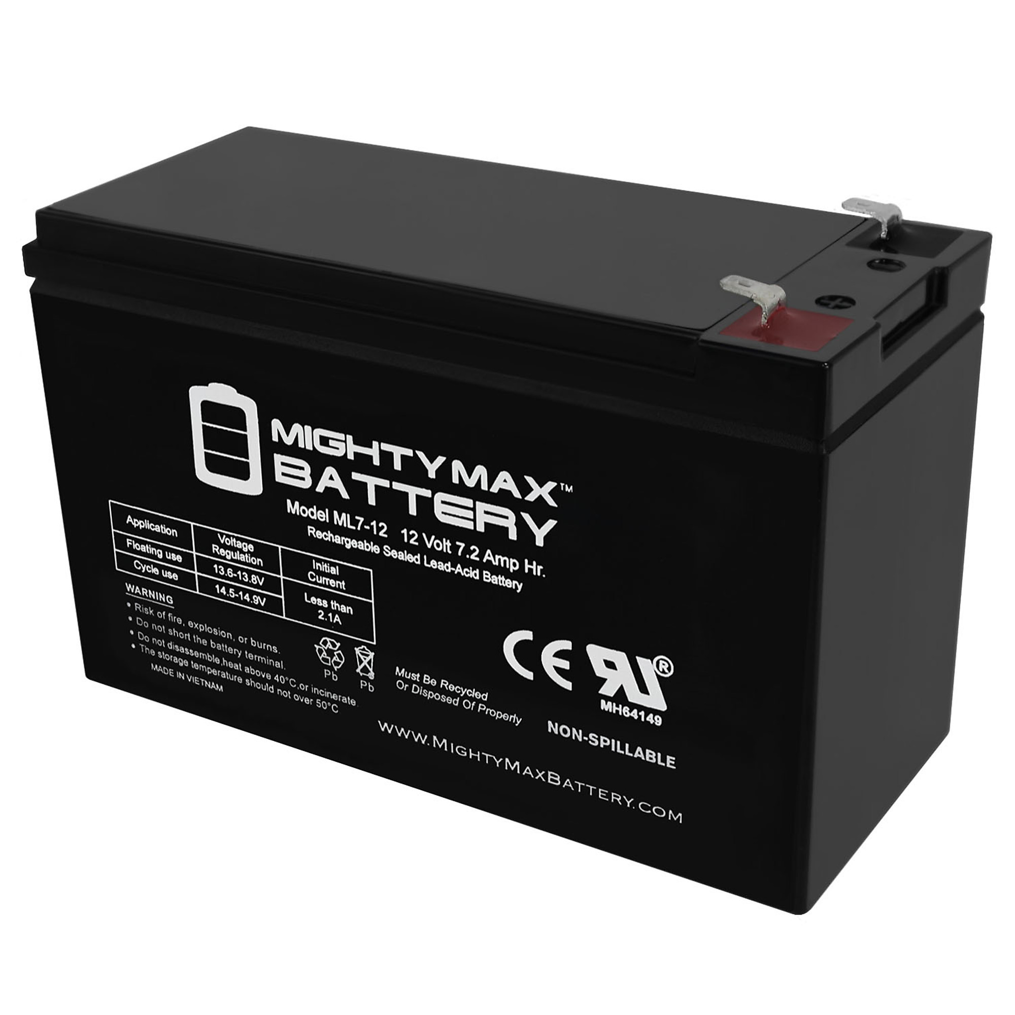 Mighty Max Battery ML7-12 — 12 Volt, 7.2Ah, SLA, AGM Technology, Pack of 10, Model# MAX3425861