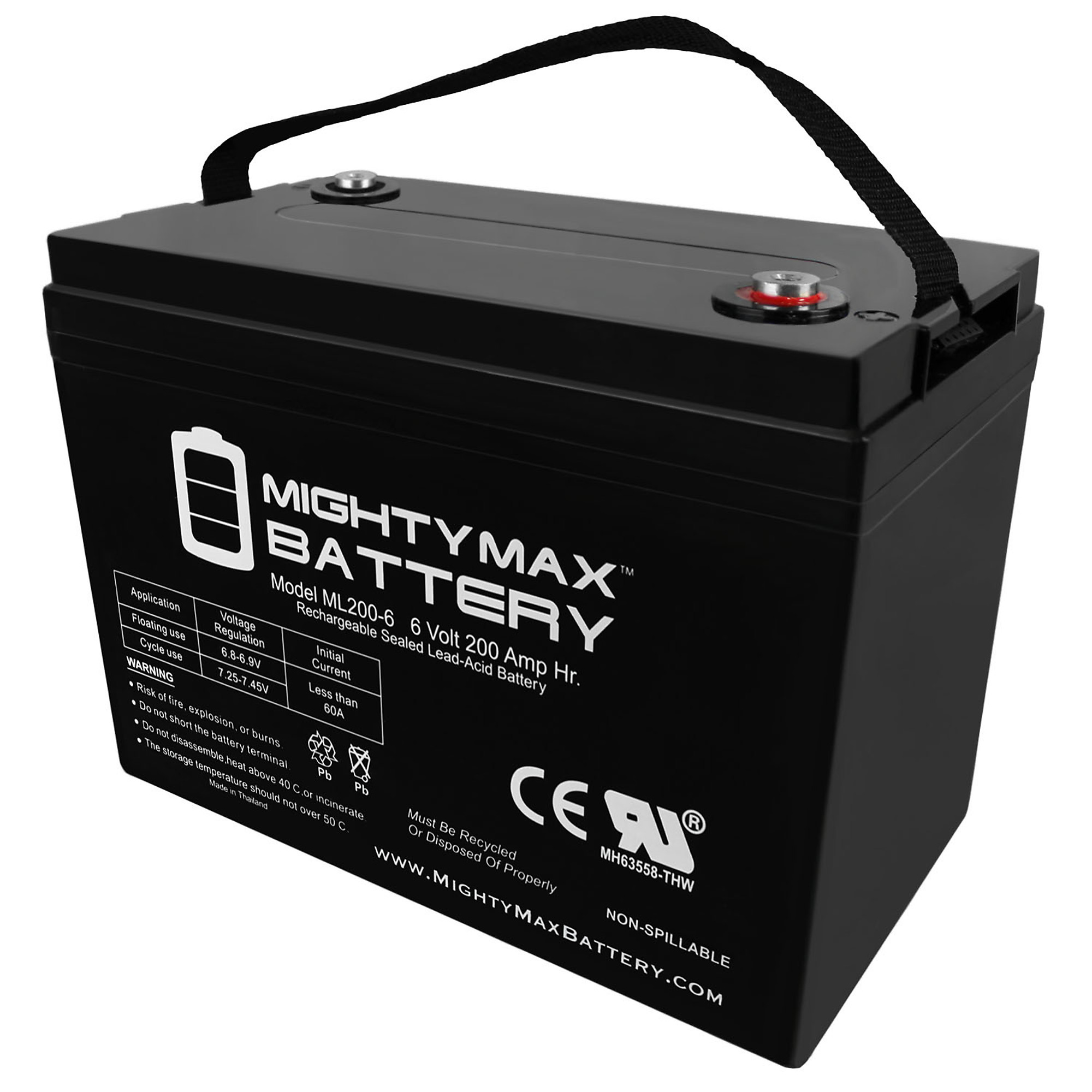 Mighty Max Battery Rechargeable SLA AGM Battery — 6 Volt, 200 Ah, Internal Thread Terminal, Model# MAX3854175