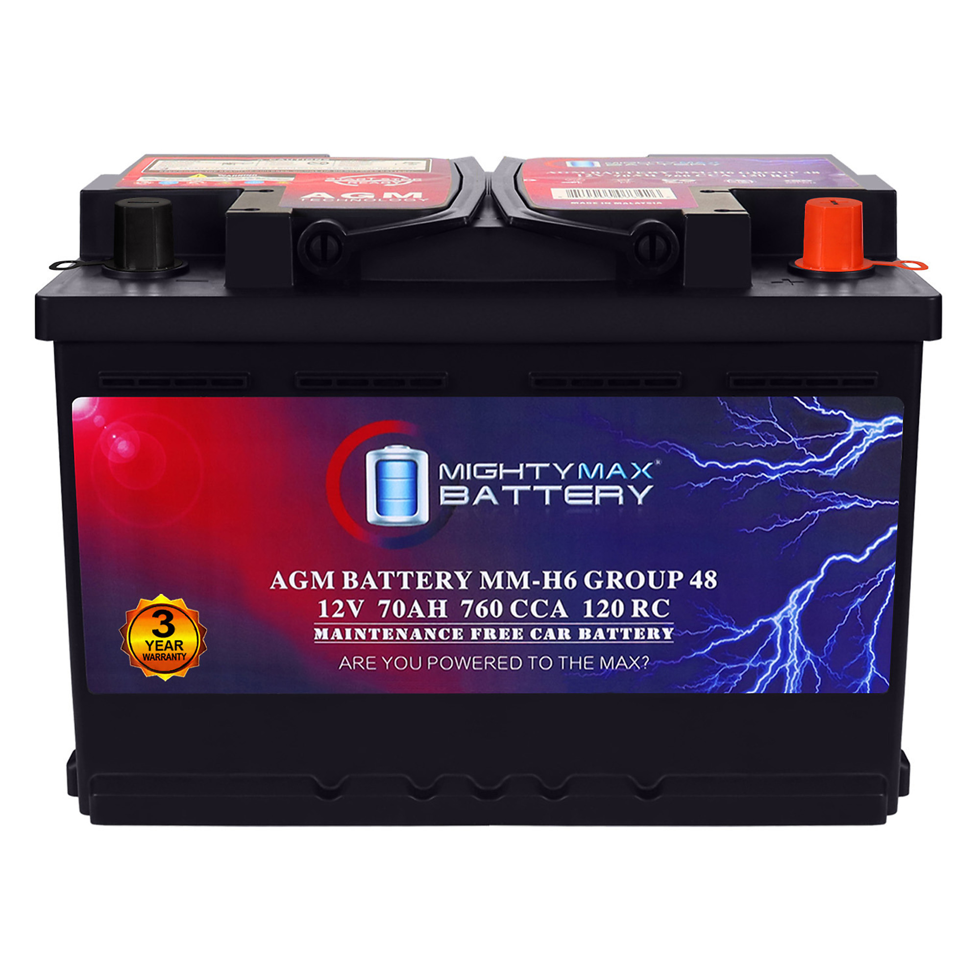 Mighty Max Battery 12V AGM Car Battery — Group Size 48, 70Ah, 120 RC, 760 CCA, Model# MAX3926700