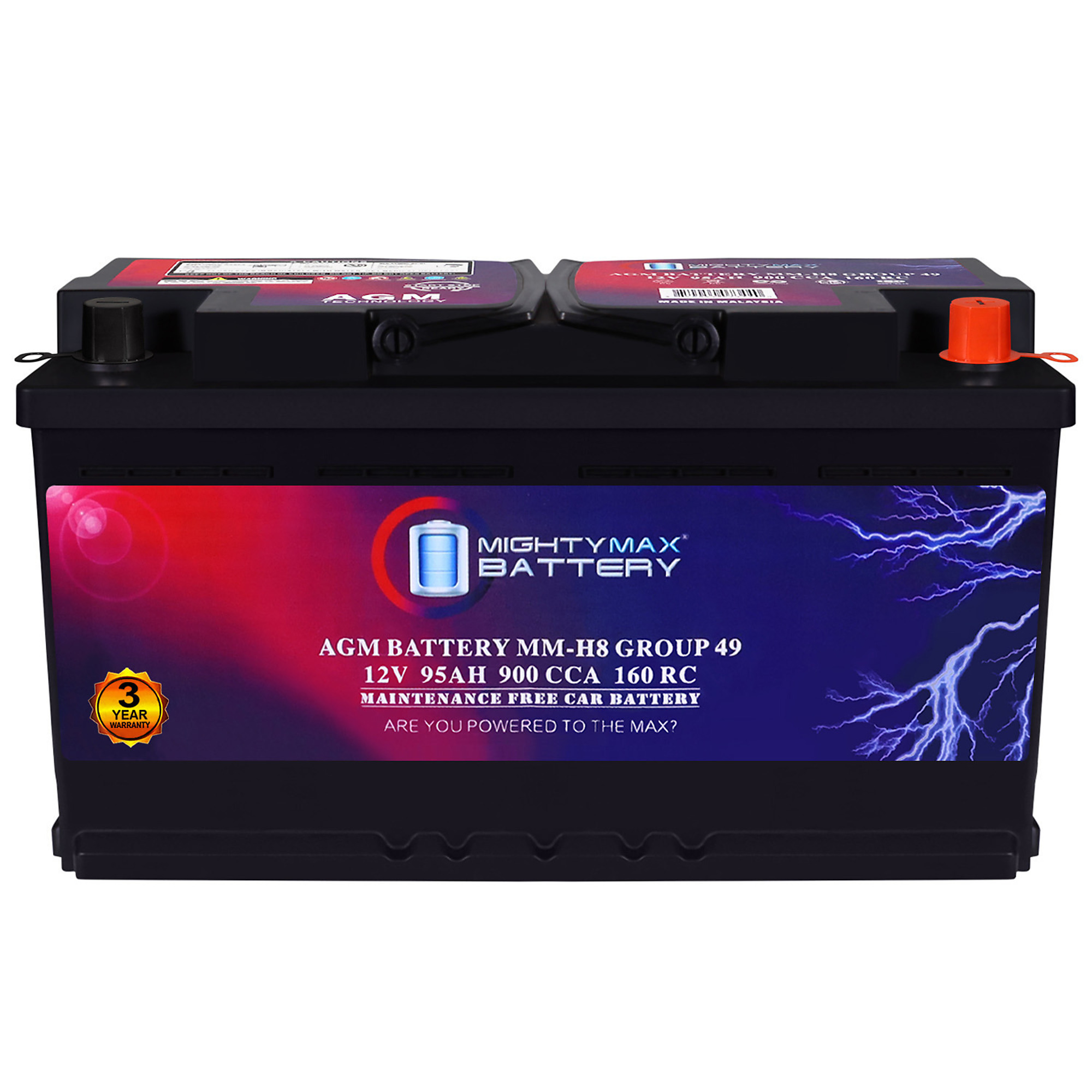 Mighty Max Battery AGM Car Battery — 12V, 95Ah, 900 CCA, 160 Min. Reserve Capacity, Model# MAX3926703