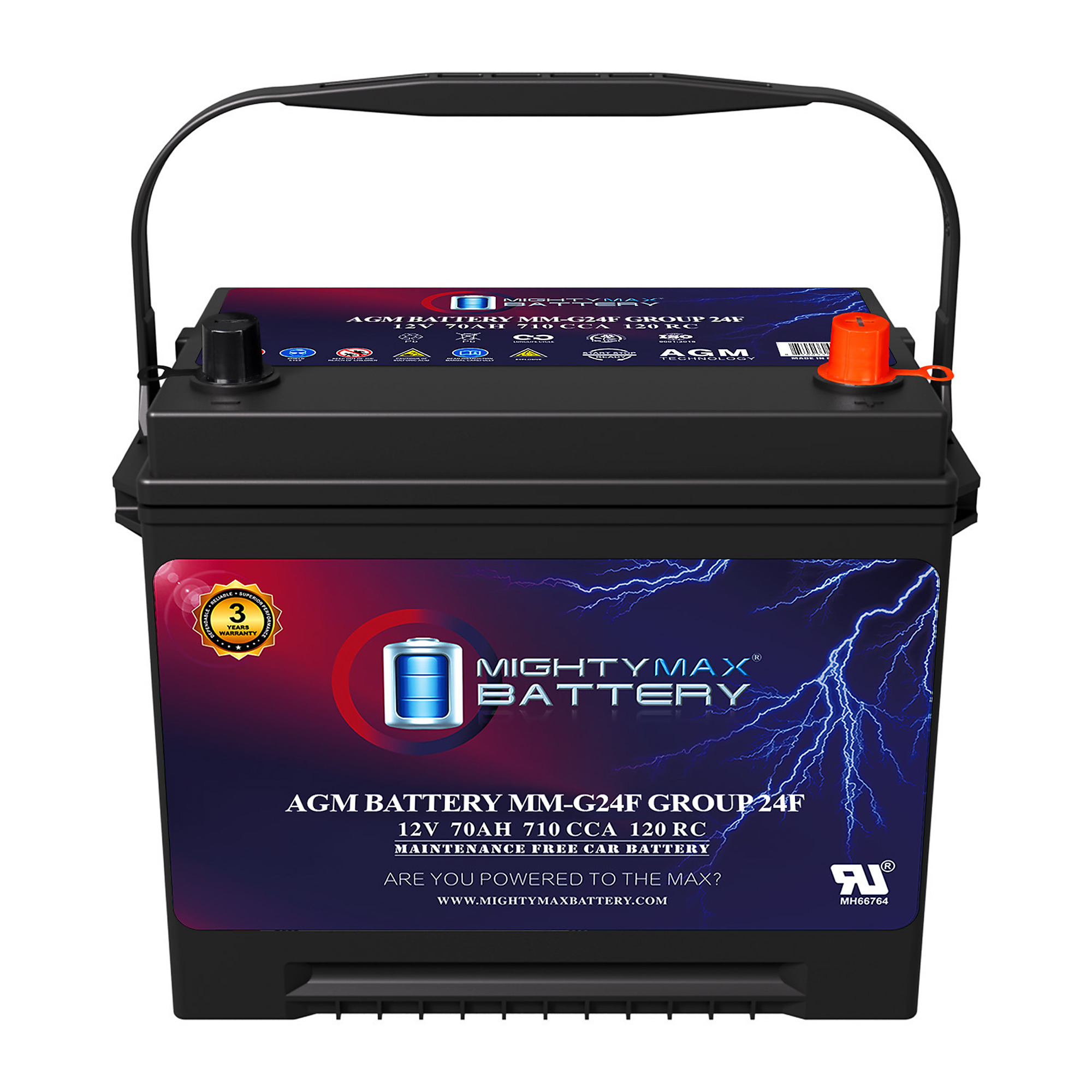 Mighty Max Start and Stop Car Battery — Group Size 24F, 12V, 70Ah, 710 CCA, AGM, Model# MAX3926705