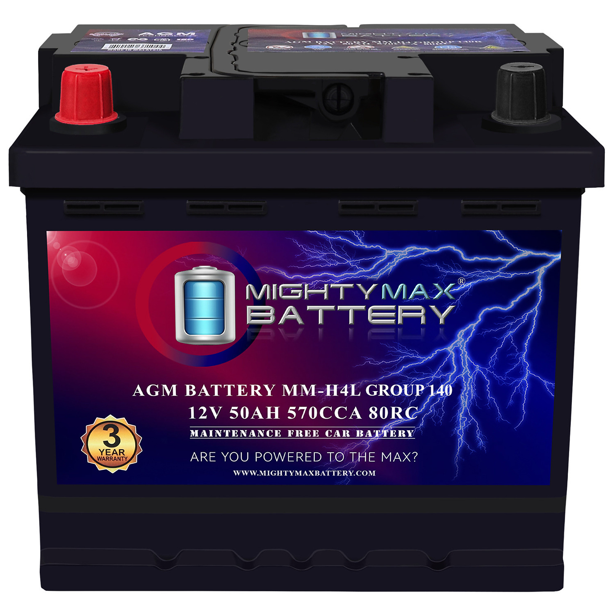 Mighty Max Battery Start and Stop Car Battery — 12V, 50Ah, 570 CCA, AGM, Group Size 140, Model# MAX4155827