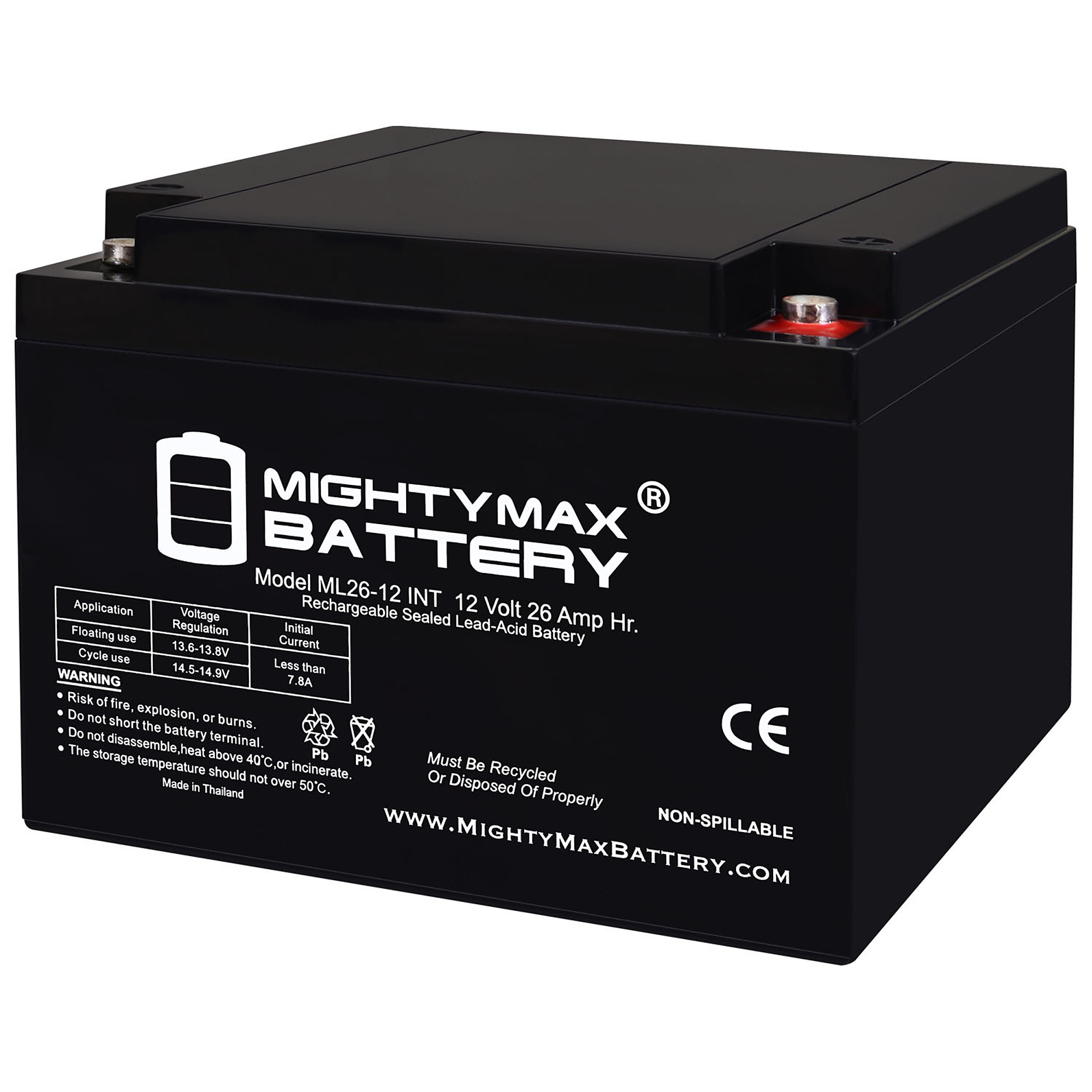 Mighty Max Battery ML26-12INT — 12V 26Ah, Internal Thread Terminal, Rechargeable SLA AGM Battery, Model# MAX4055606