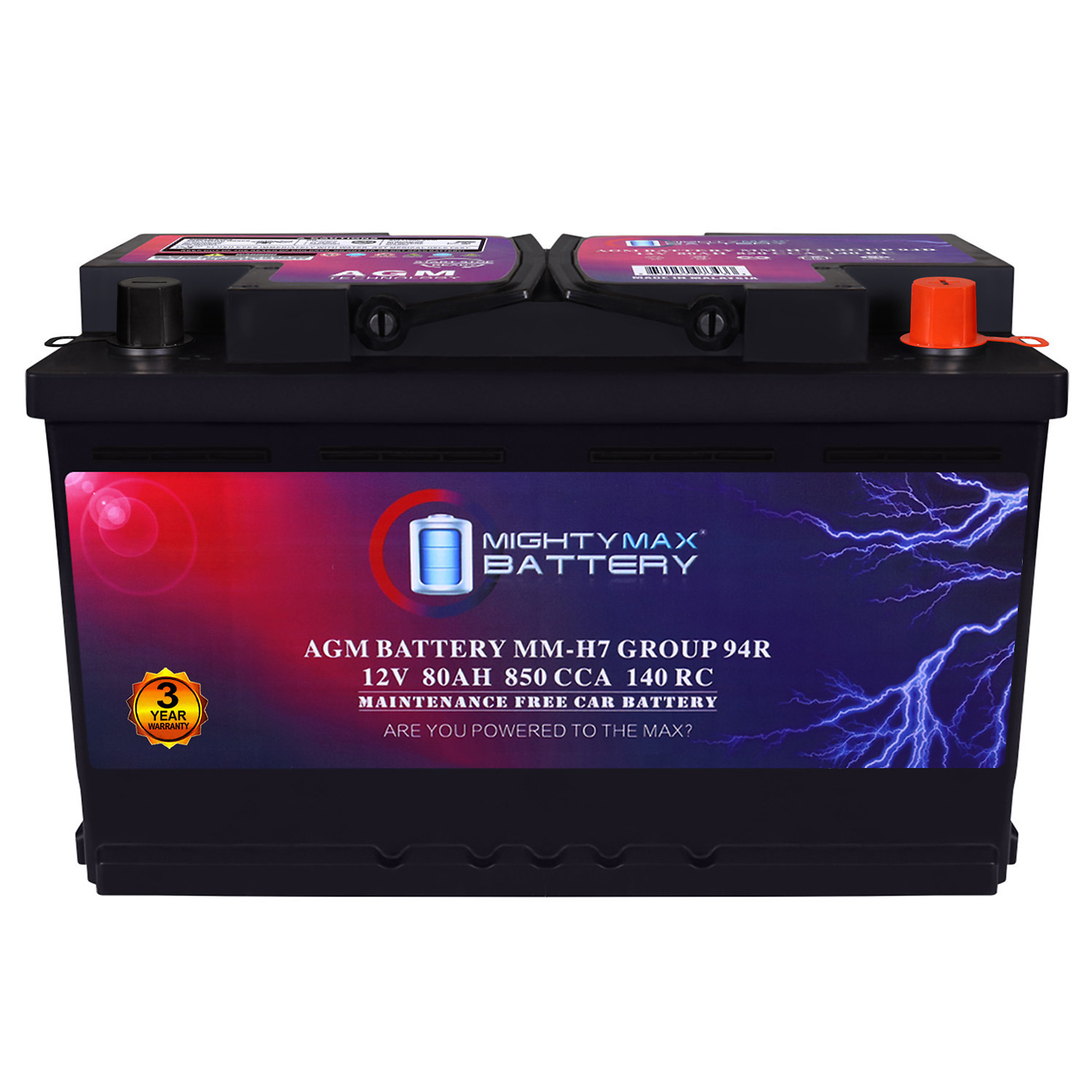 Mighty Max Battery Start and Stop Car Battery — 12V, 80Ah, 140 RC, 850 CCA, AGM, Group Size 94R, Model# MAX3926702