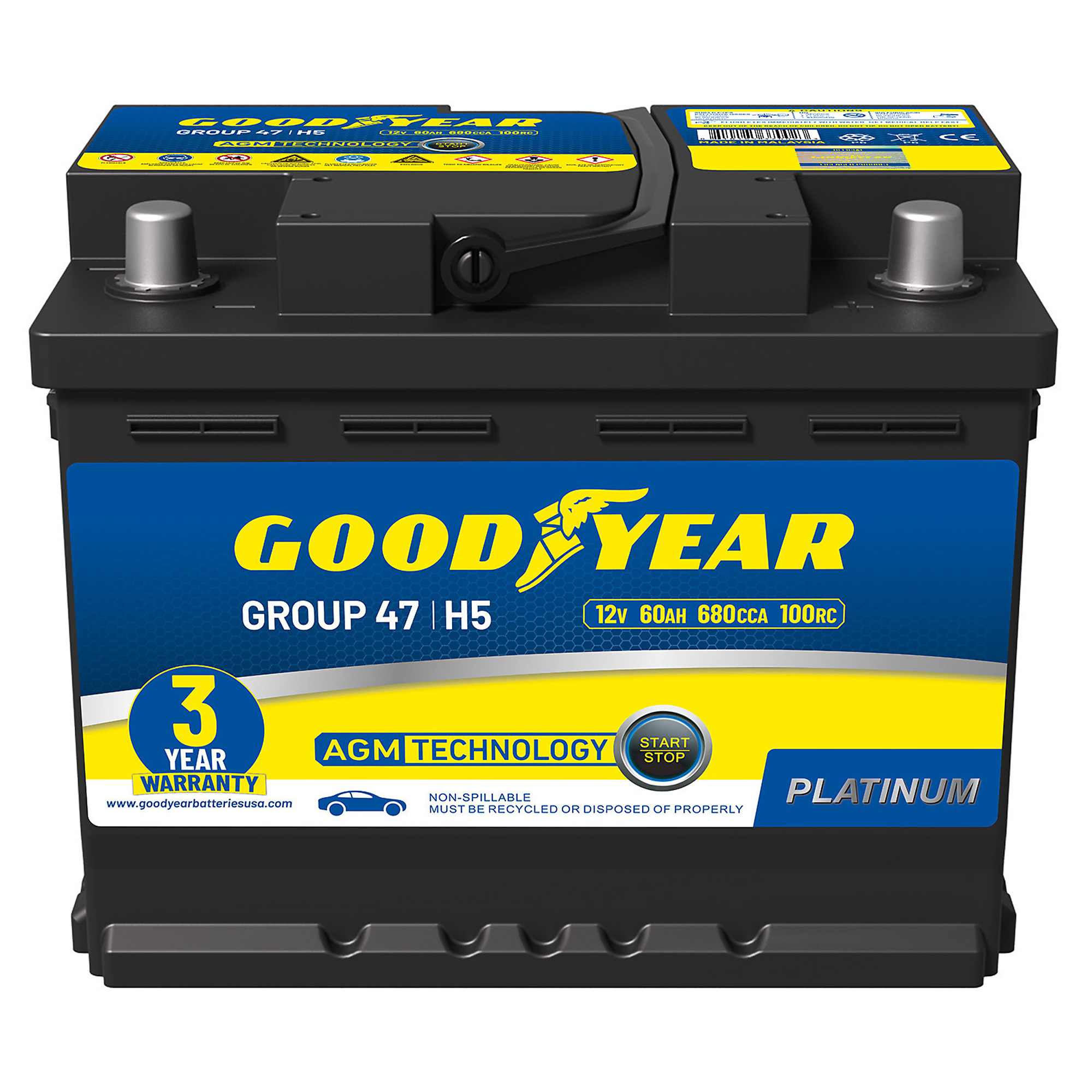 Goodyear Platinum Series AGM Automotive Battery — 12V, 60Ah, 680 CCA, 100 RC, Maintenance-Free, Model# GY4140748