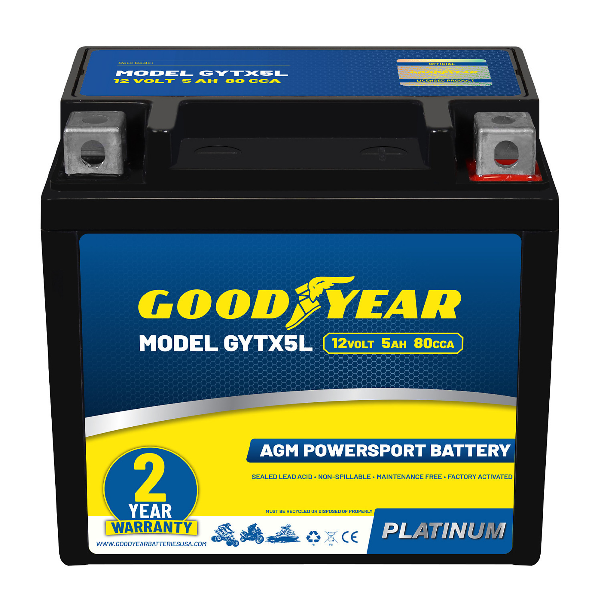 Goodyear Rechargeable High-Performance AGM Battery — 12V, 5Ah, 80 CCA, Maintenance-Free, Model# GY4140756