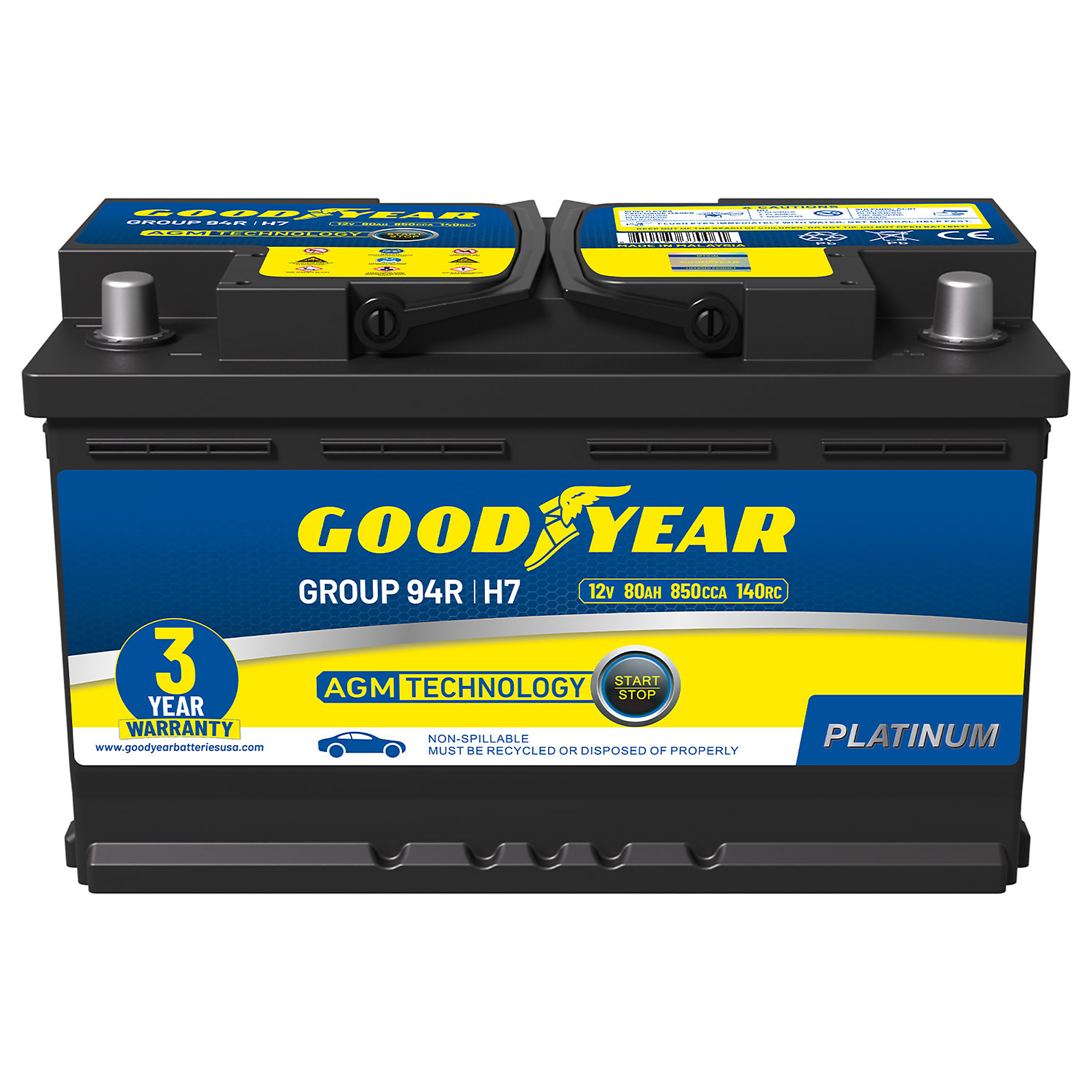 Goodyear Platinum Series AGM Automotive Battery — 12V, 80Ah, 850 CCA, 140 RC, Maintenance-Free, Model# GY4140750