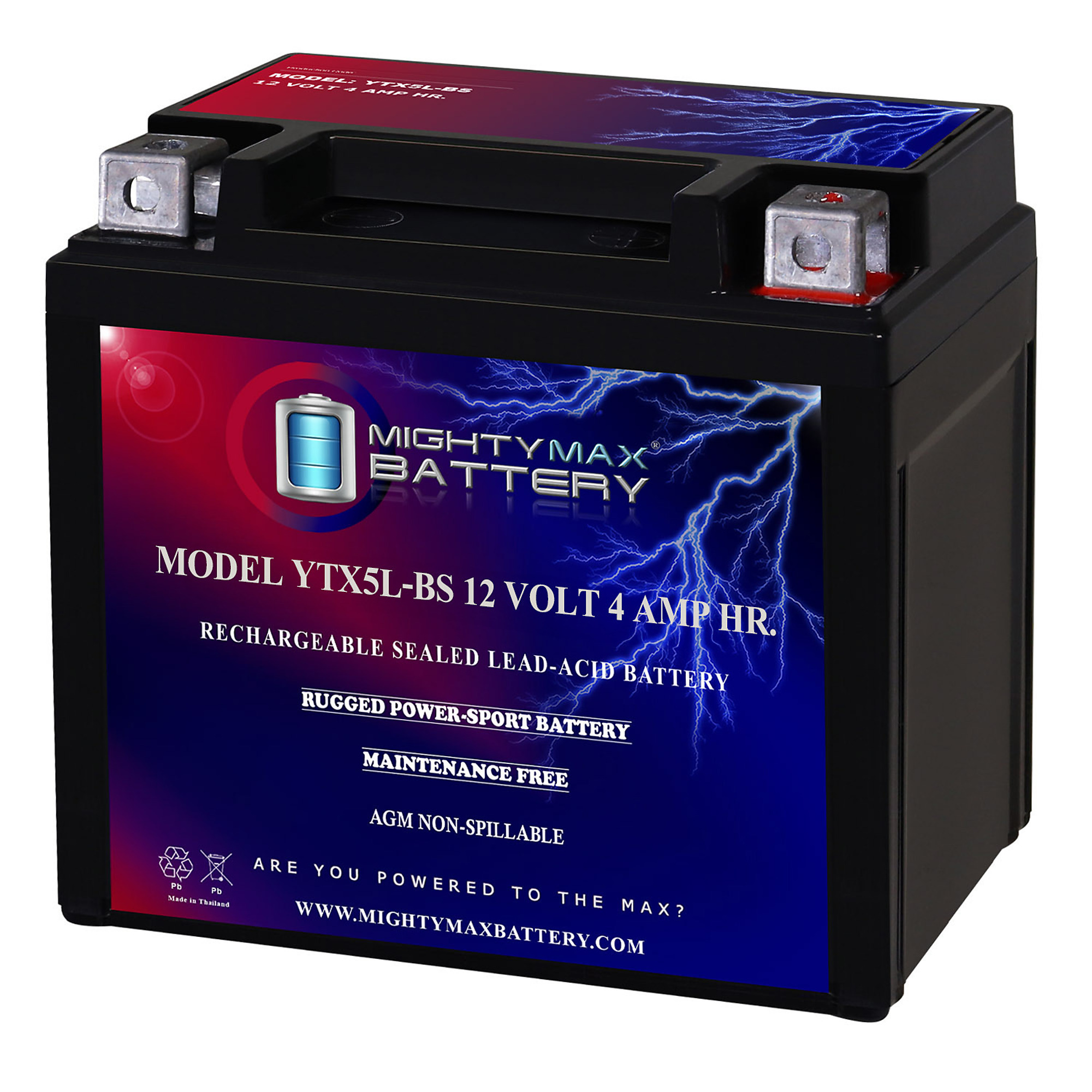 Mighty Max Battery YTX5L-BS — 12 Volt, 4Ah, 80 CCA, Rechargeable Maintenance-Free SLA AGM Motorcycle Battery, Model# MAX3416330