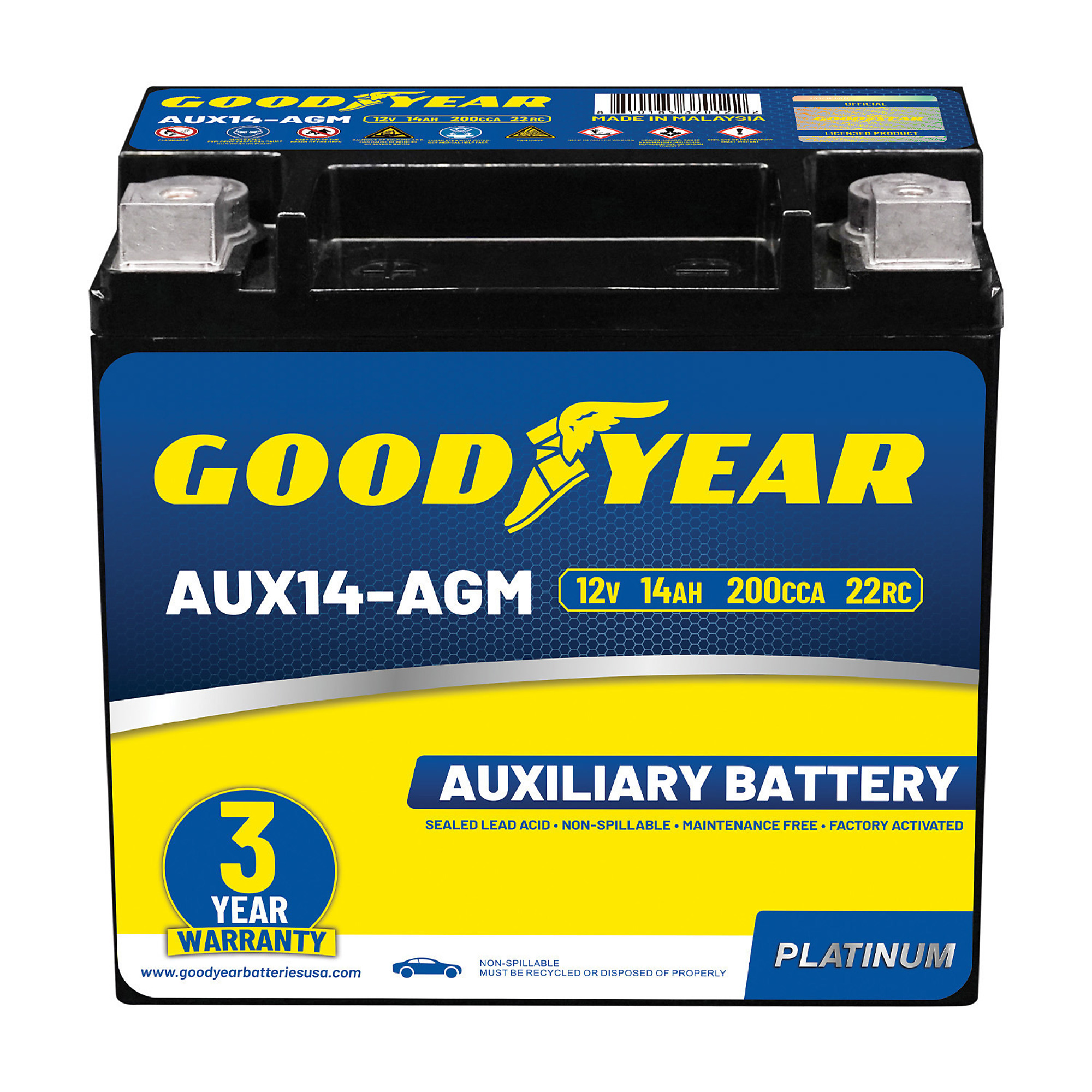 Goodyear Platinum Series AGM Auxiliary Battery — 12V, 14Ah, 200 CCA, 20 RC, Maintenance-Free, Model# GY4143262