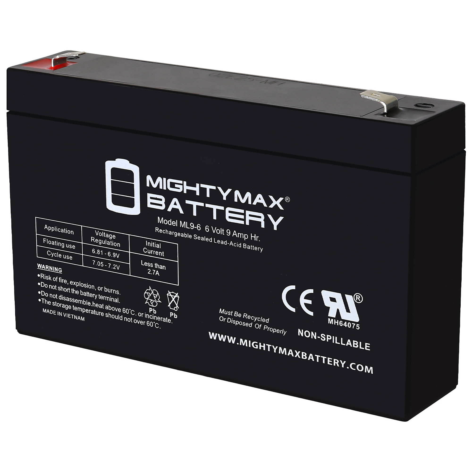 Mighty Max Rechargeable SLA AGM Battery — 6 Volt, 9Ah, F2 Terminal, Pack of 9, Model# MAX4159364