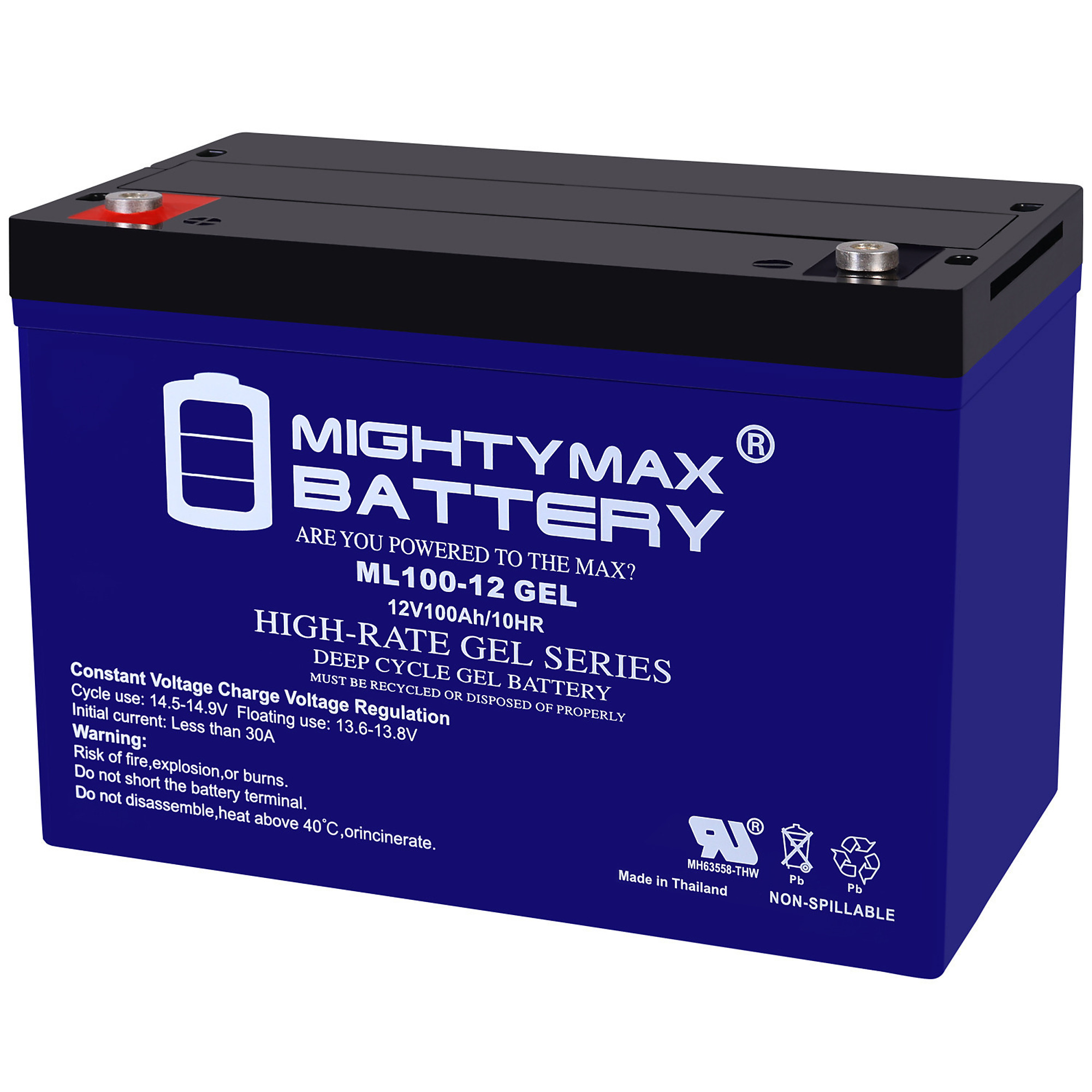 Mighty Max Battery ML100-12 GEL — 12 Volt, 100Ah, Rechargeable SLA AGM, Internal Thread Terminal, Pack of 2, Model# MAX4063306