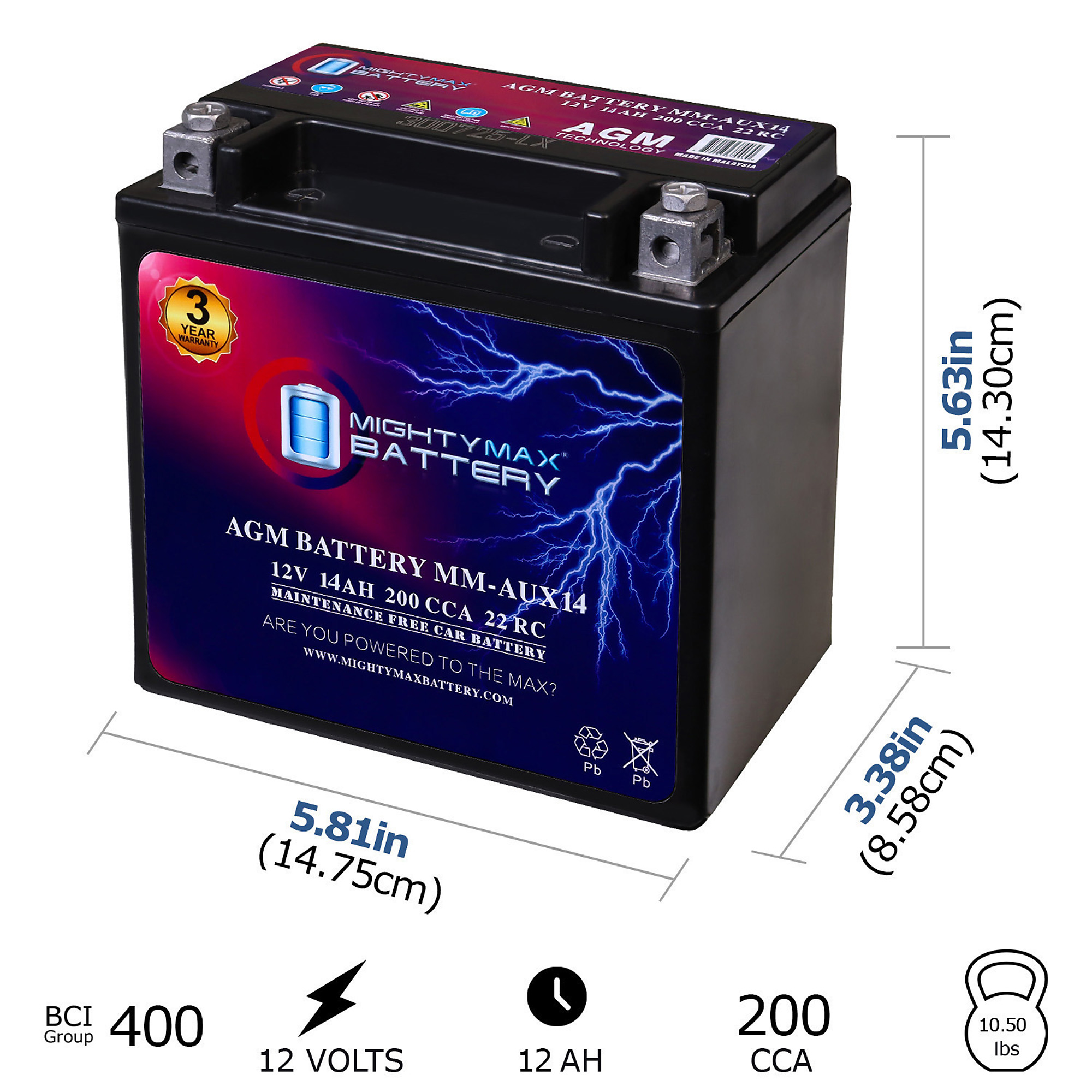 Mighty Max Auxiliary Battery — 12V, 14Ah, 200 CCA, Rechargeable