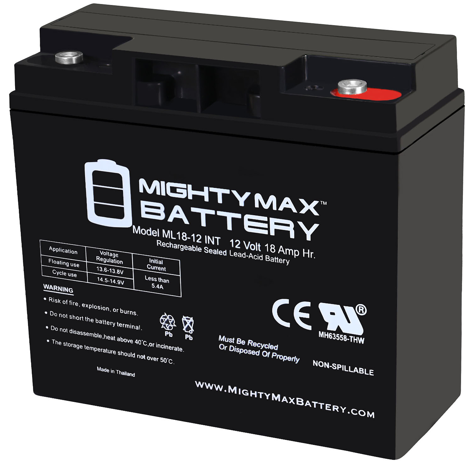 Mighty Max Battery — 12 Volt, 18Ah, Internal Thread Terminal, Rechargeable SLA AGM, Model# MAX3527454