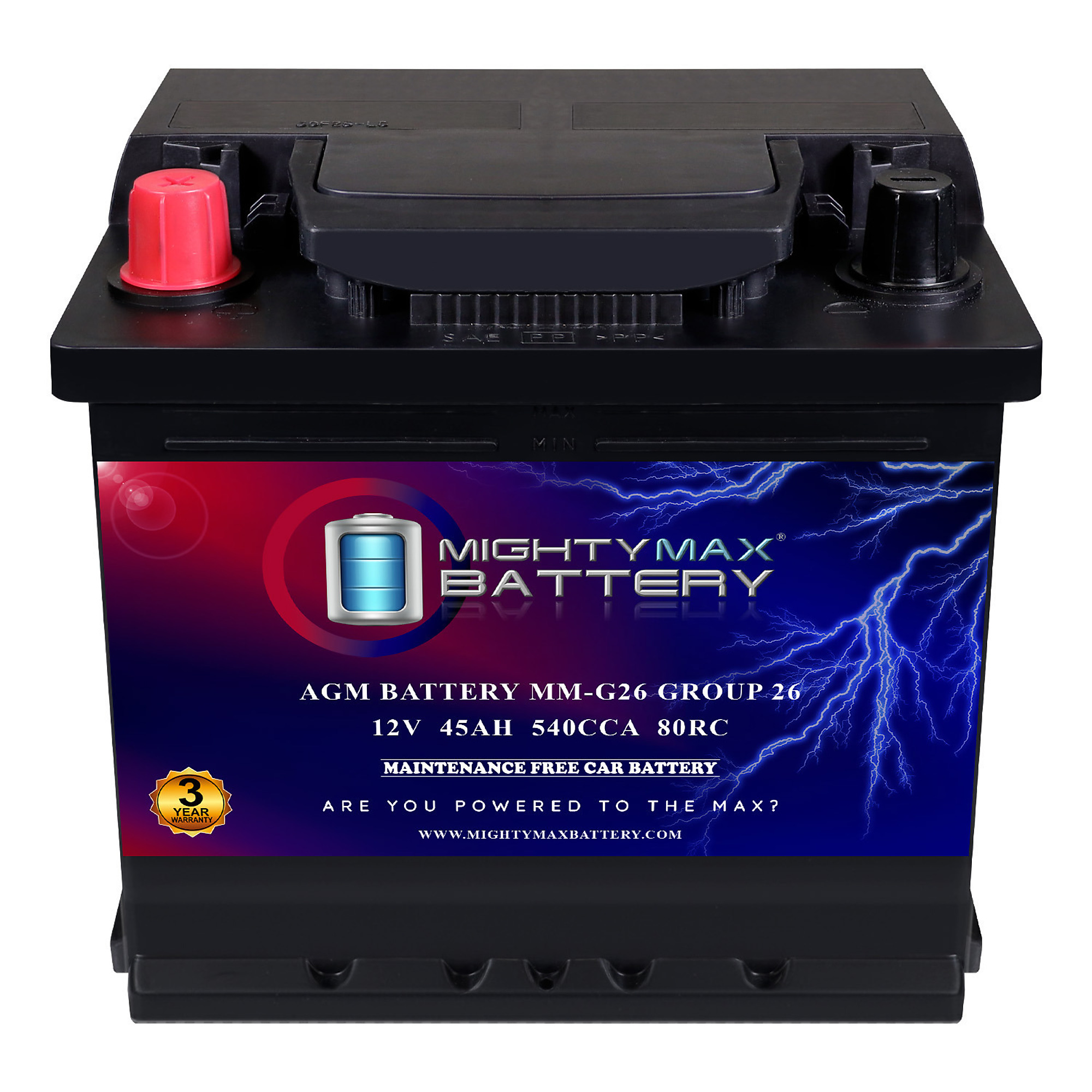 Mighty Max Battery BCI Group 26 AGM Battery — 12V, 45Ah, 540 CCA, 80 Min. RC, Model# MAX4057785