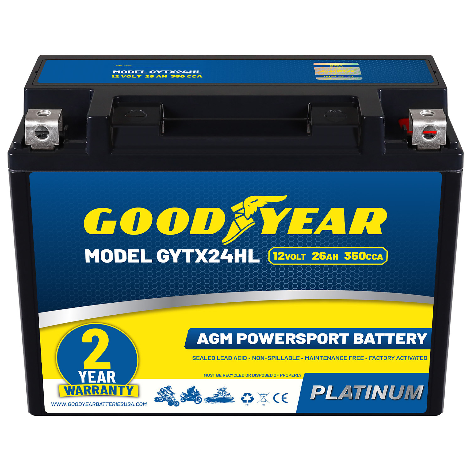 Goodyear High-Performance AGM Battery — 12V, 26Ah, 350 CCA, Maintenance-Free, Model# GY4140766