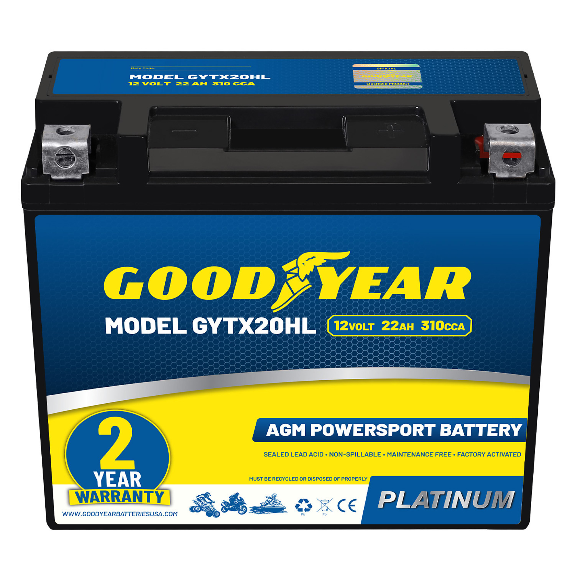 Goodyear High-Performance Maintenance-Free SLA AGM Battery — 12V, 22Ah, 310 CCAs, Model# GY4140765