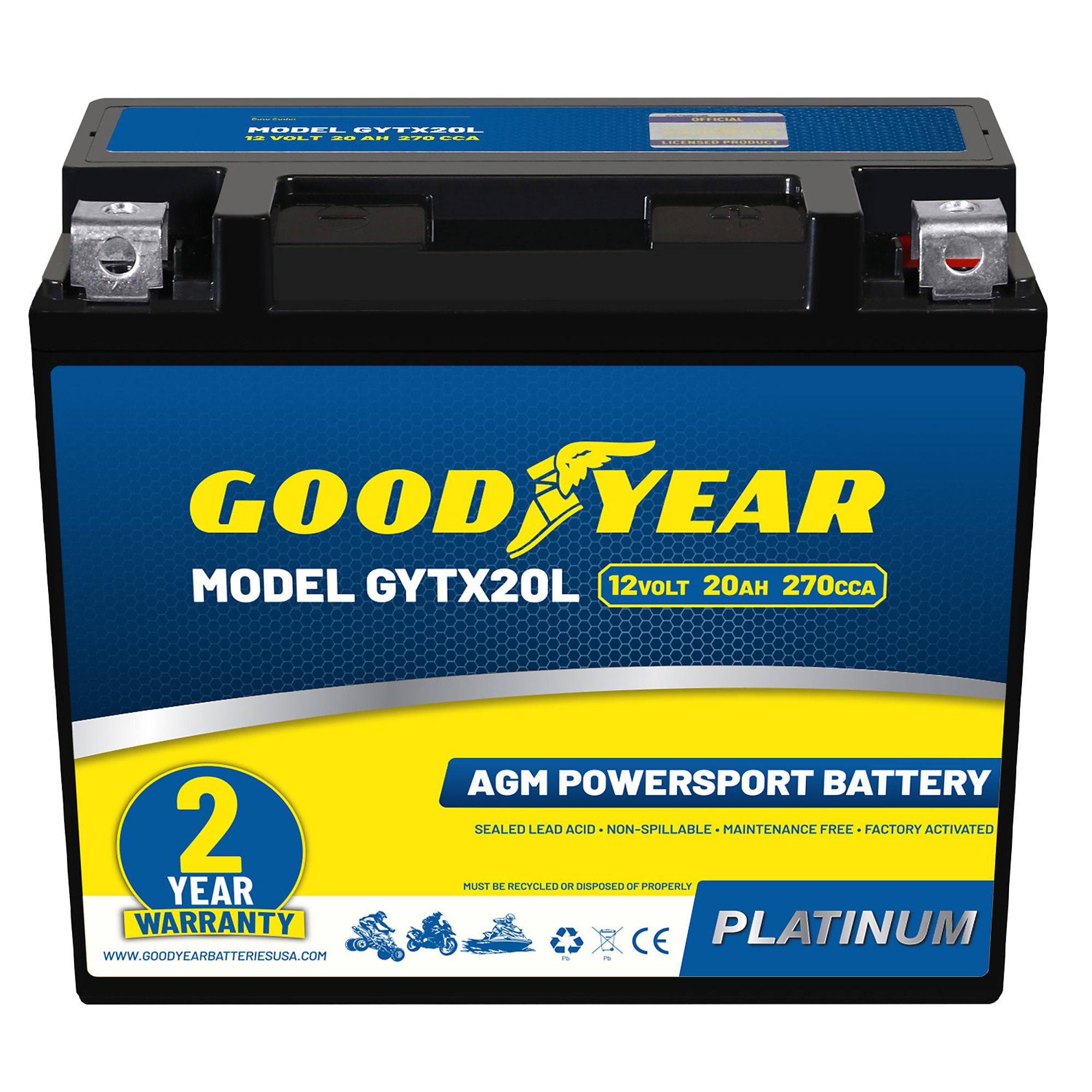 Goodyear GYTX20L AGM Battery — 12V, 20Ah, 270 CCA, Maintenance-Free, Model# GY4140764