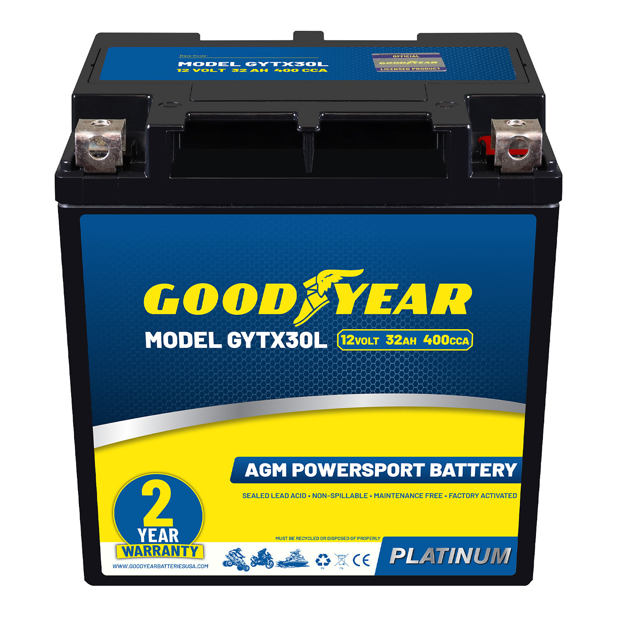 Goodyear High-Performance AGM Battery — 12V, 32Ah, 400 CCA, Maintenance-Free, Model# GY4140768