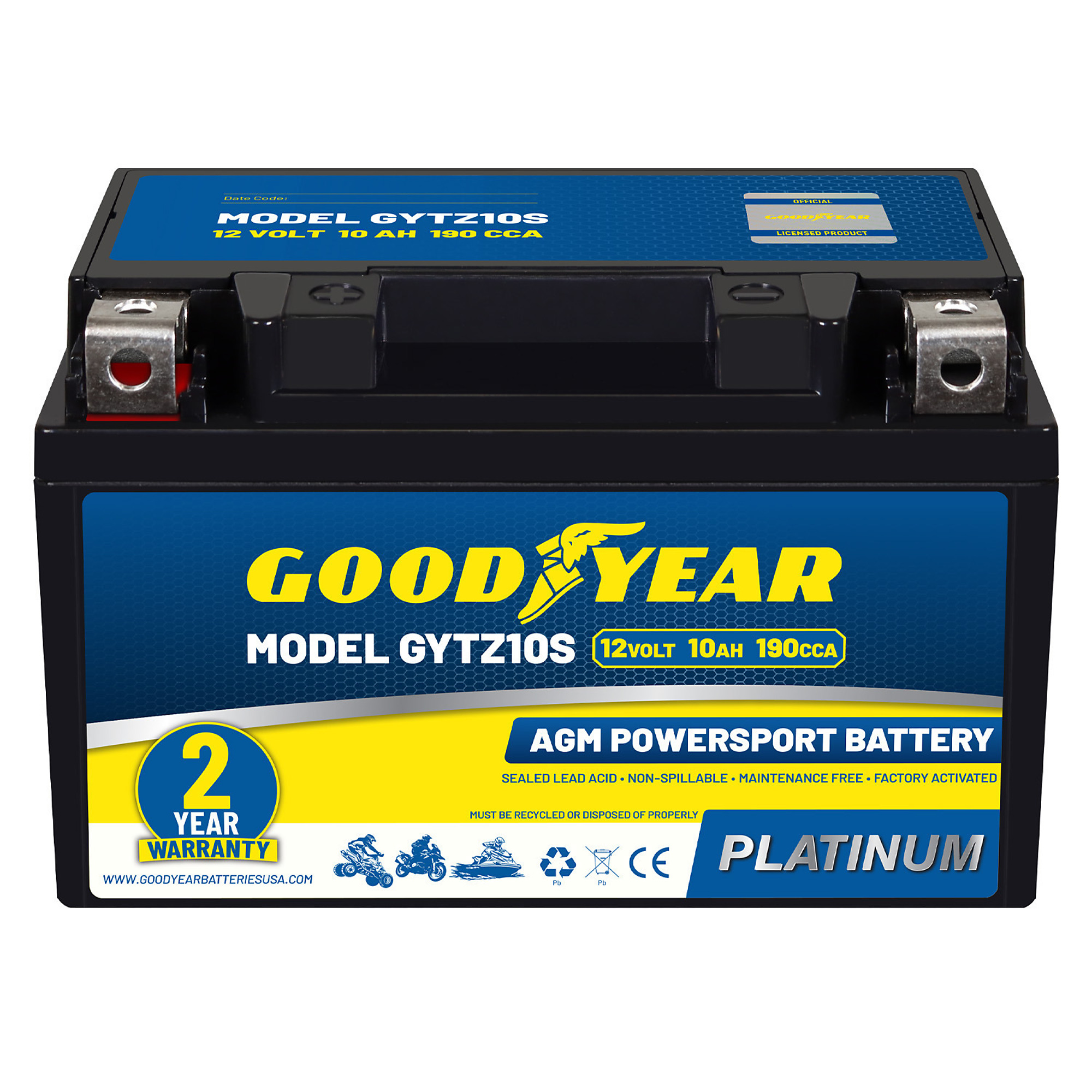 Goodyear SLA-AGM Battery — 12V, 10Ah, 190 CCA, Maintenance-Free, Model# GY4140769