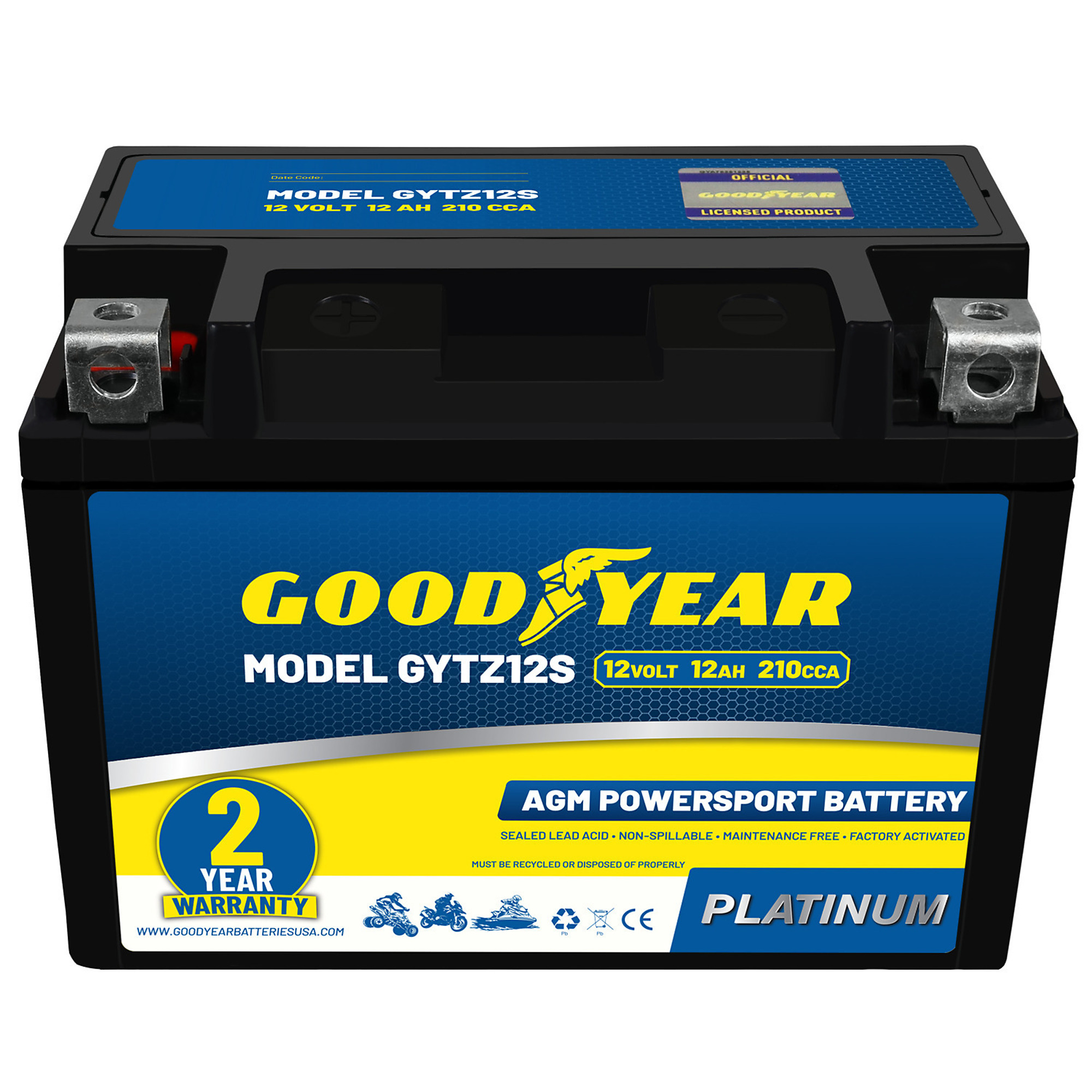 Goodyear High-Performance Maintenance-Free AGM Battery — 12V, 12Ah, 210 CCA, Rechargeable, Model# GY4140770