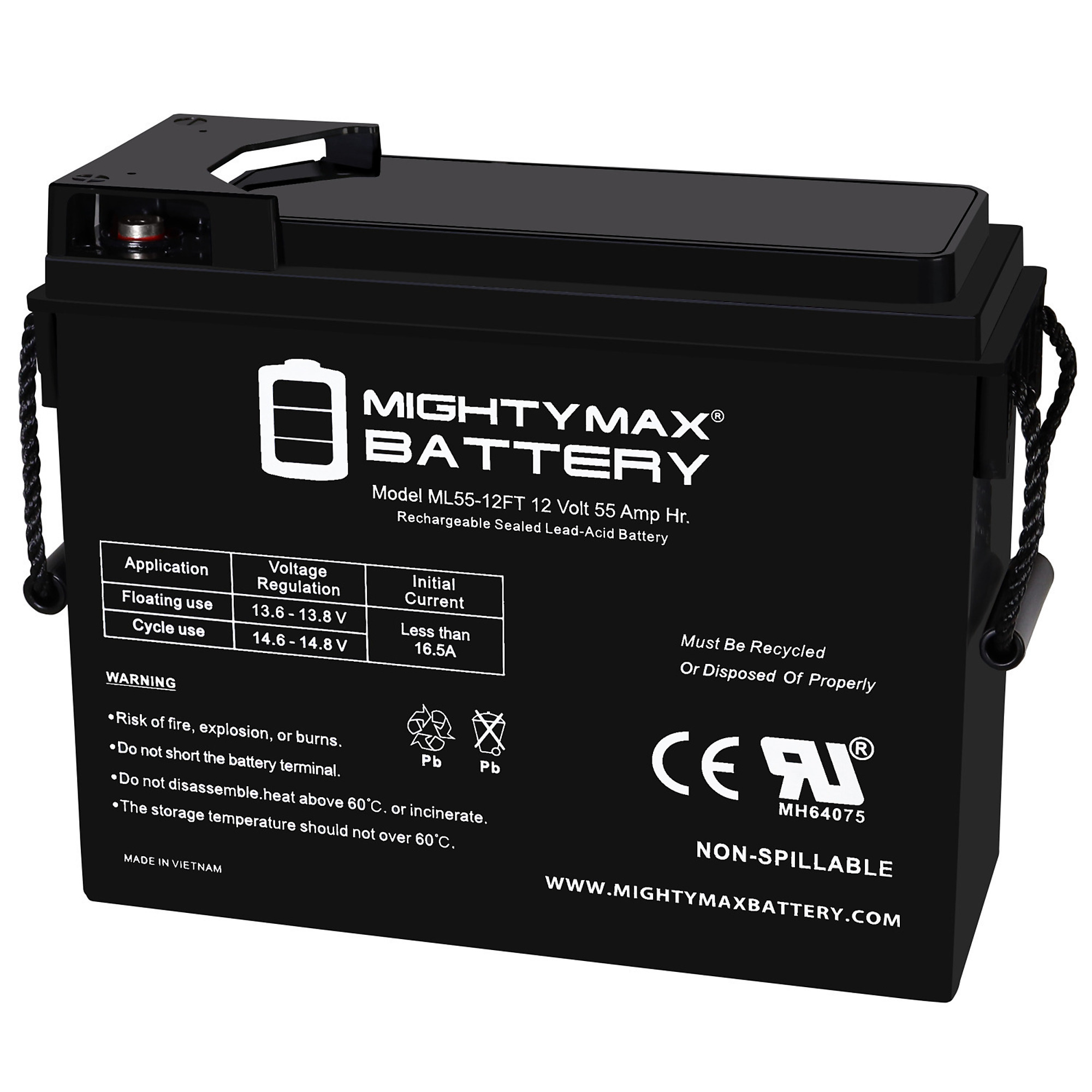Mighty Max 12 Volt Rechargeable SLA AGM Battery — 55Ah, Front Terminal, Model# MAX4134107