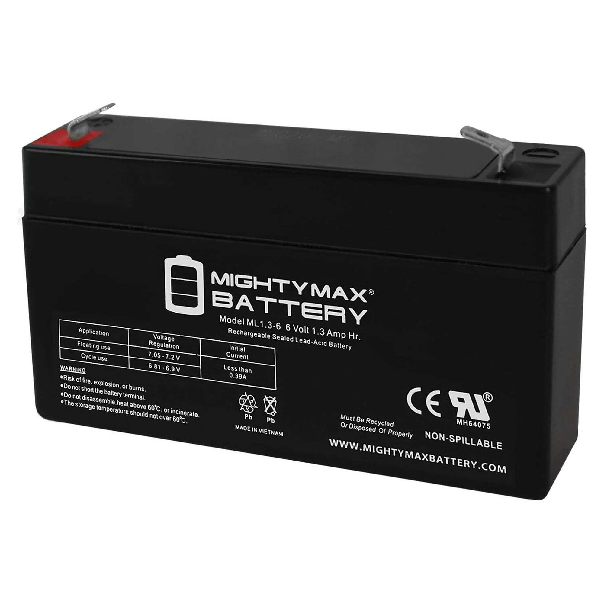 Mighty Max Battery ML1.3-6 SLA Battery — 6V, 1.3Ah, F1 Terminal, 2-Pack, Model# MAX3425823