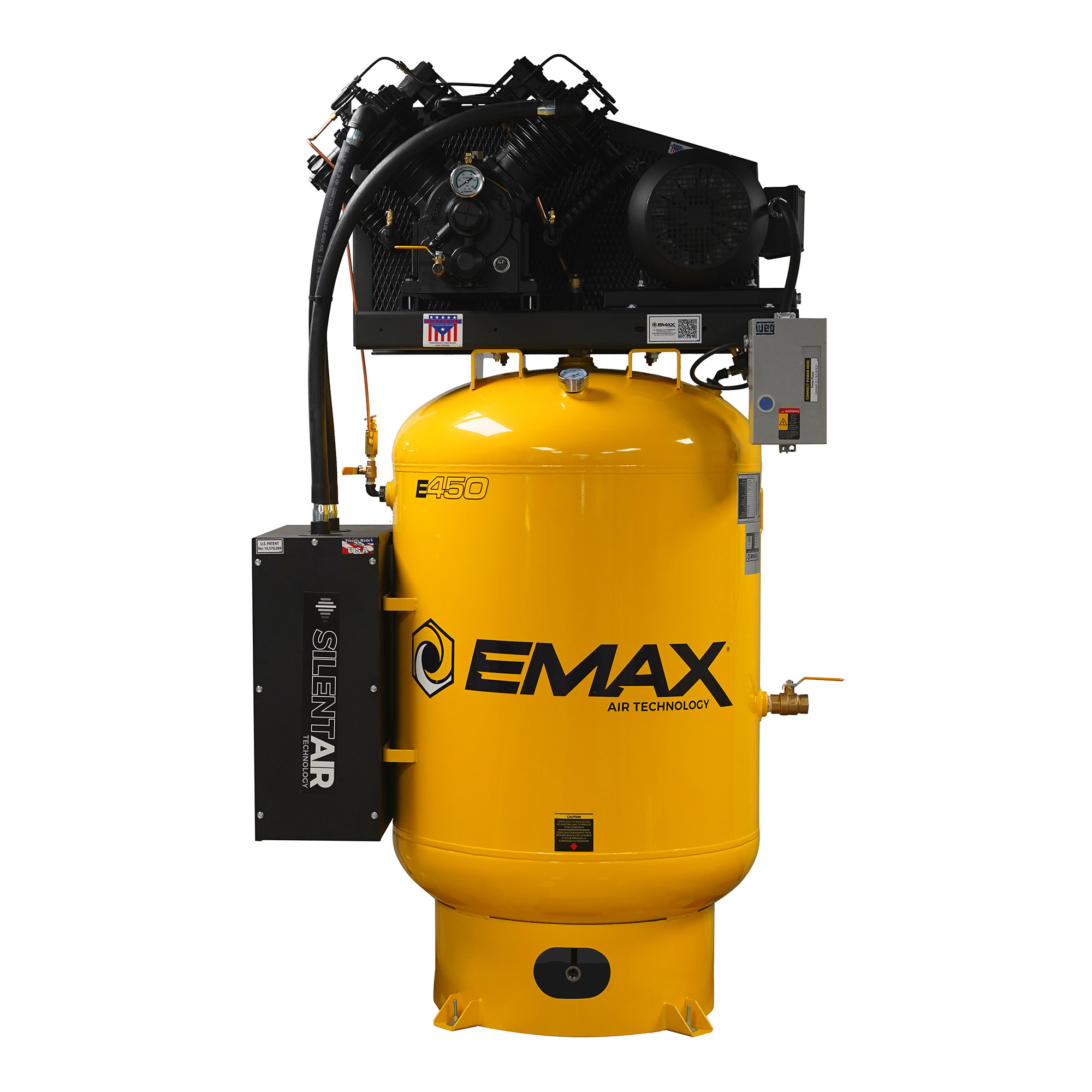 EMAX Silent Air Industrial Vertical Air Compressor — 10 HP, 38 CFM, 1-Phase, 2-Stage, 120 Gal., Pressure Lube Pump, Isolator Pads, Belt Tensioner, Auto Drain, Model# ESP10V120V1