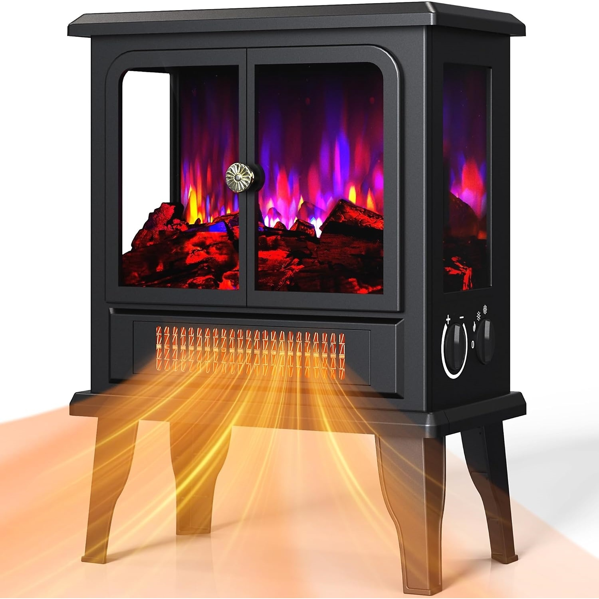 EdenDirect Electric Fireplace Stove Heater — Freestanding, 3D Realistic Flame Effect, 750W/1500W, Overheating Protection, Thermostat, Model# NTEFP201S-T3-A2