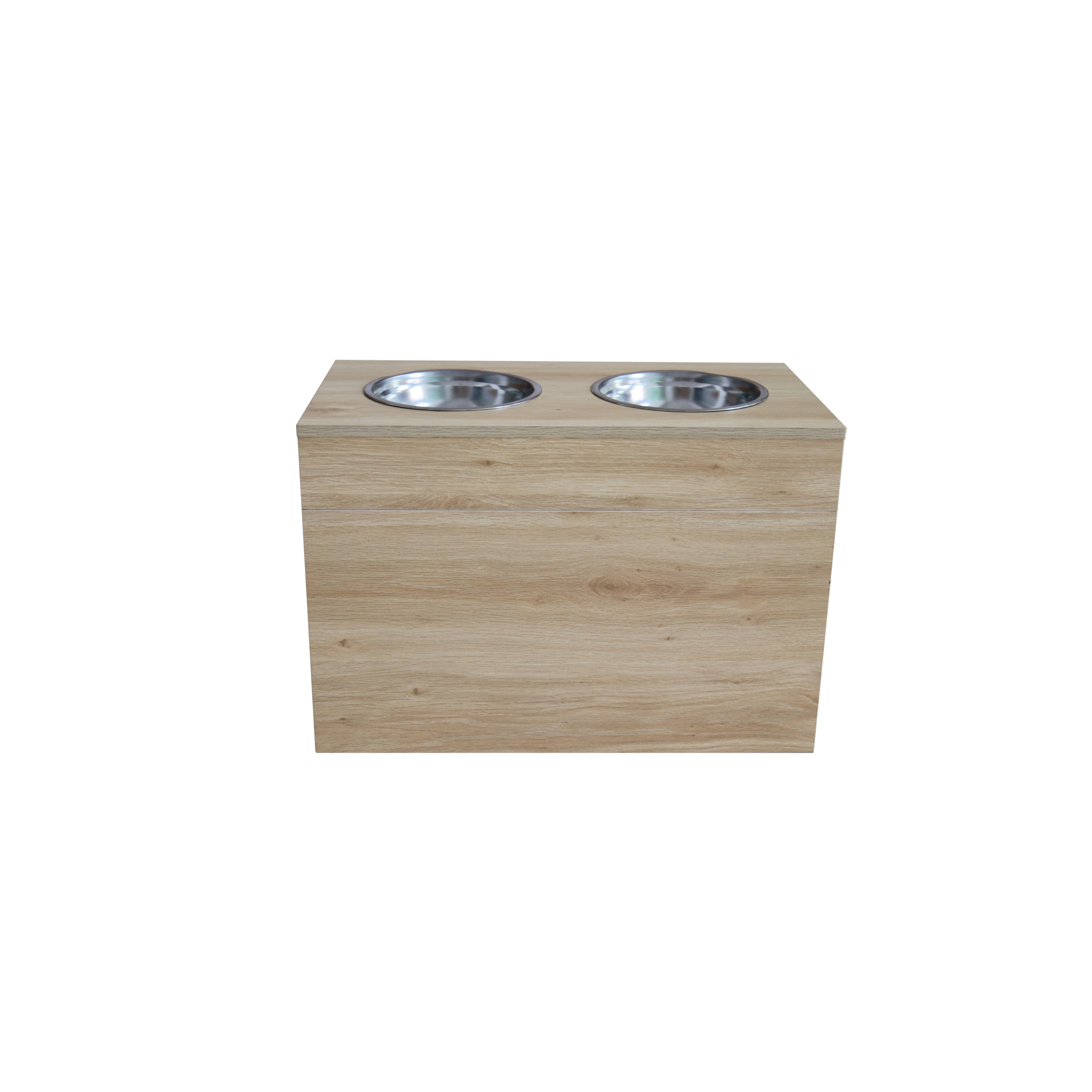Merry Products Zoovilla Raised Pet Feeder with Storage — 21.1in.W x 11.8in.D x 14.1in.H, Oak Finish, Swivel Lid, Model# PTF0144204510