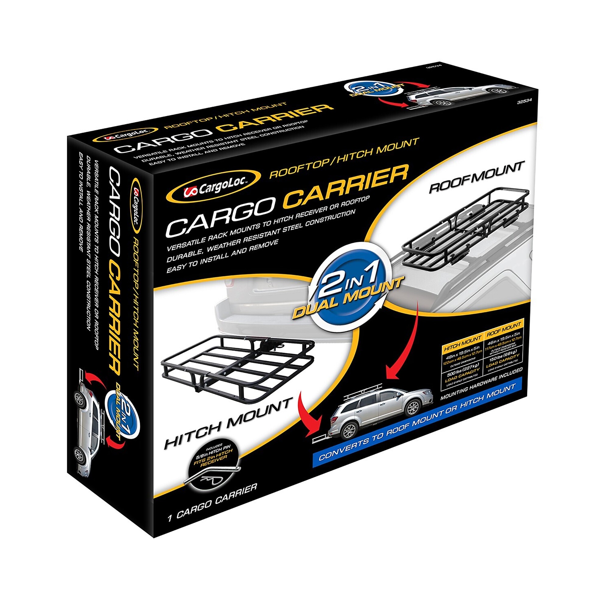 CargoLoc, 2 in 1 Hitch Mount and Roof Top Cargo Carrier, 48" x 19.5" Model # 32534