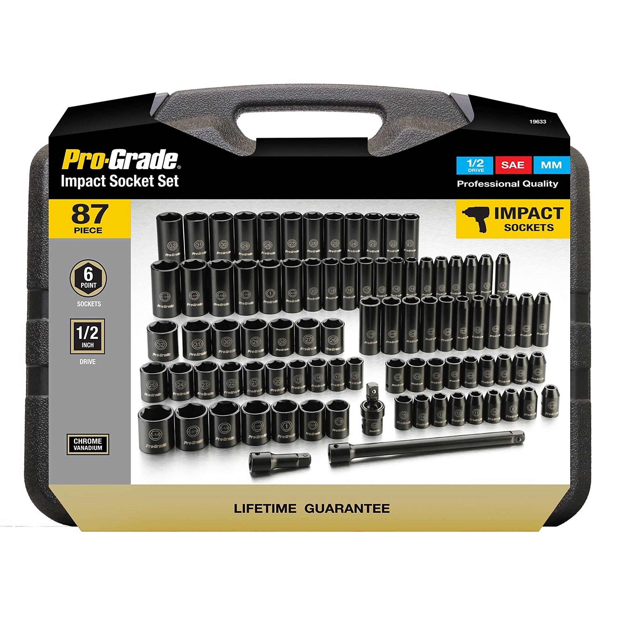 PRO-GRADE, 87 pc. 1/2" Drive SAE and Metric Impact Socket Set, Model # 19633