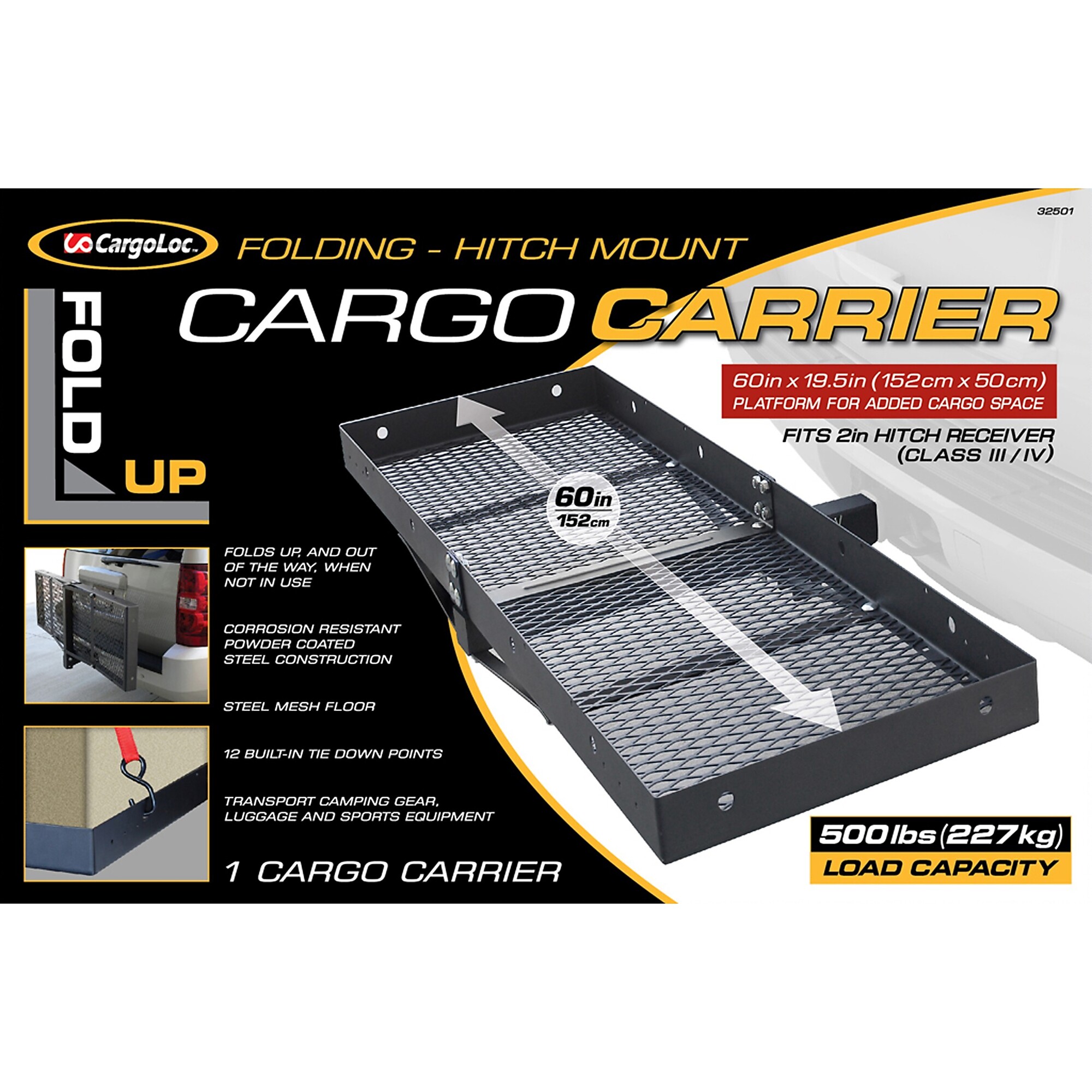 CargoLoc, Folding Hitch Mount Cargo Carrier 60" x 19.5", 500 Lb. Capacity, Model # 32501