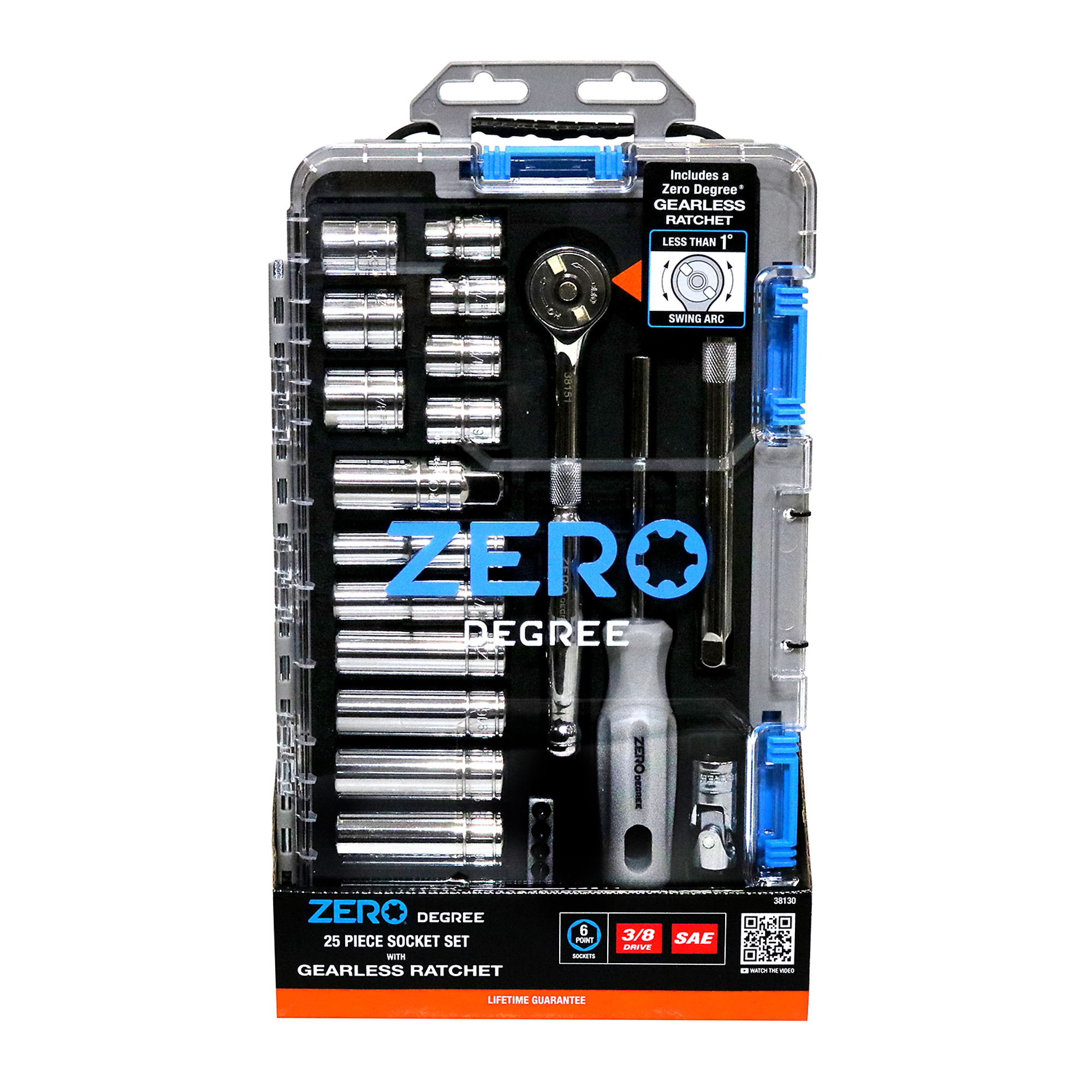 Zero Degree, 25 pc. 3/8" Drive SAE Mechanics Tool Set with Zero-Degree Gearless Ratchet, Model # 38130
