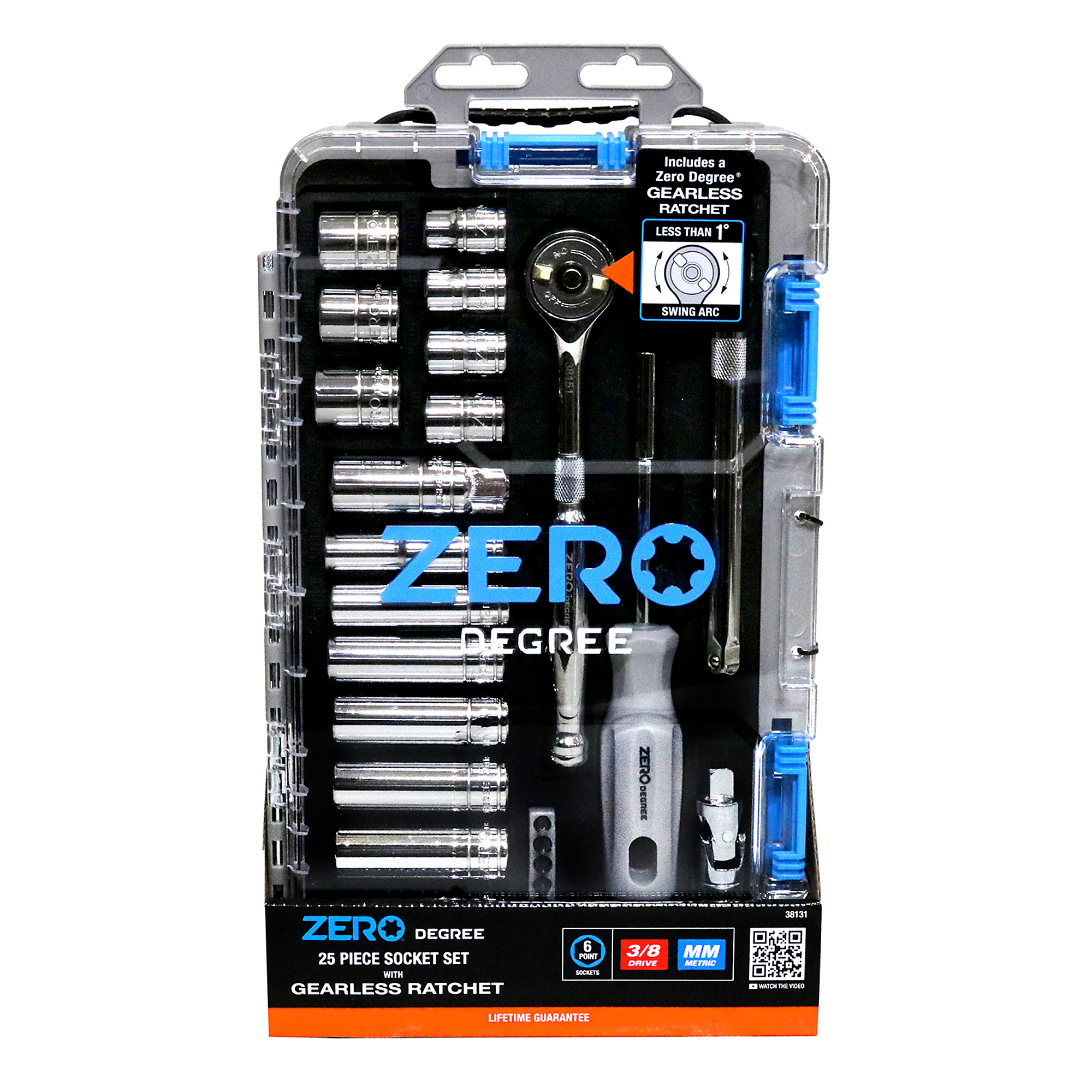 Zero Degree, 25 pc. 3/8" Drive Metric Mechanics Tool Set with Zero-Degree Gearless Ratchet, Model # 38131