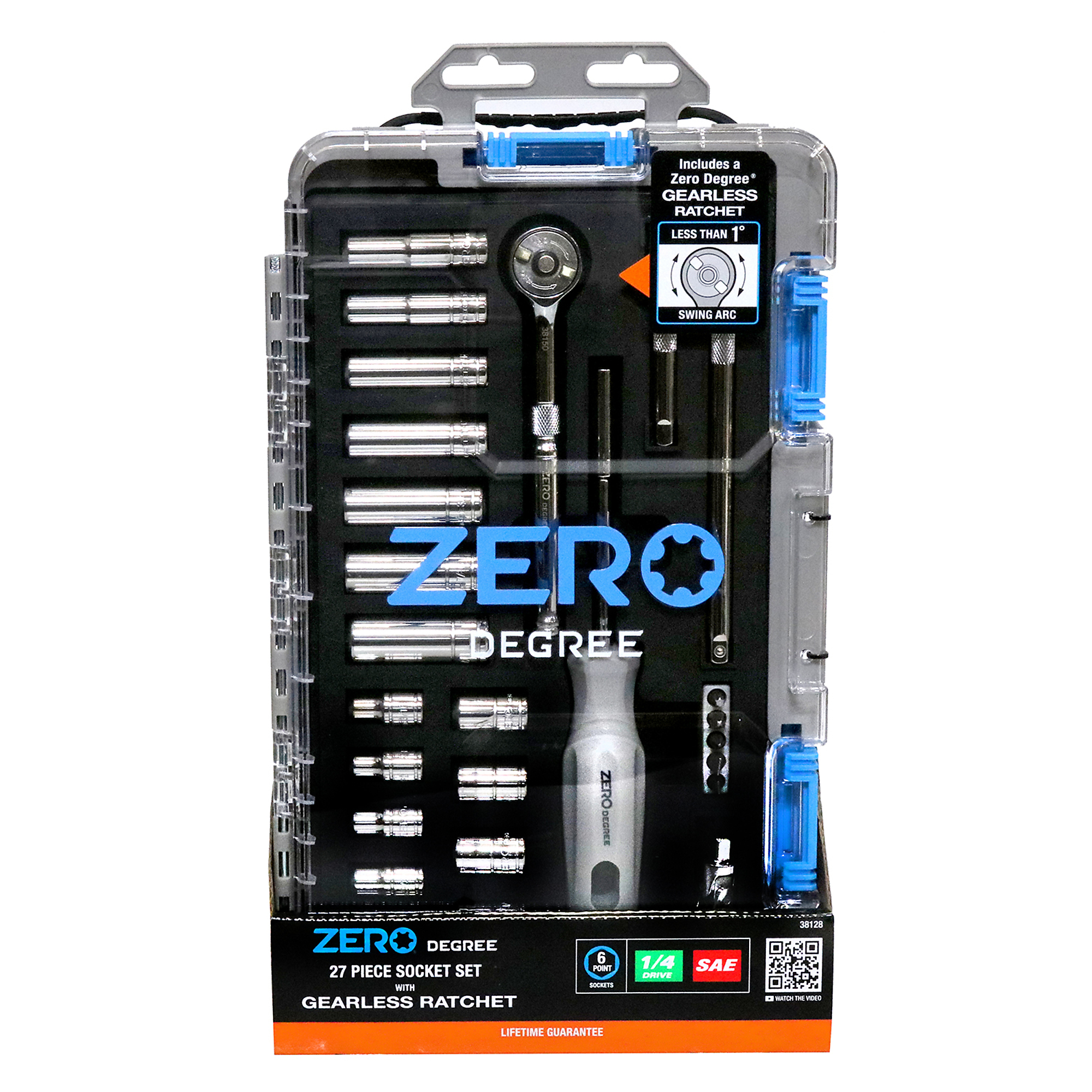 Zero Degree, 27 pc. 1/4" Drive SAE Mechanics Tool Set with Zero-Degree Gearless Ratchet, Model # 38128