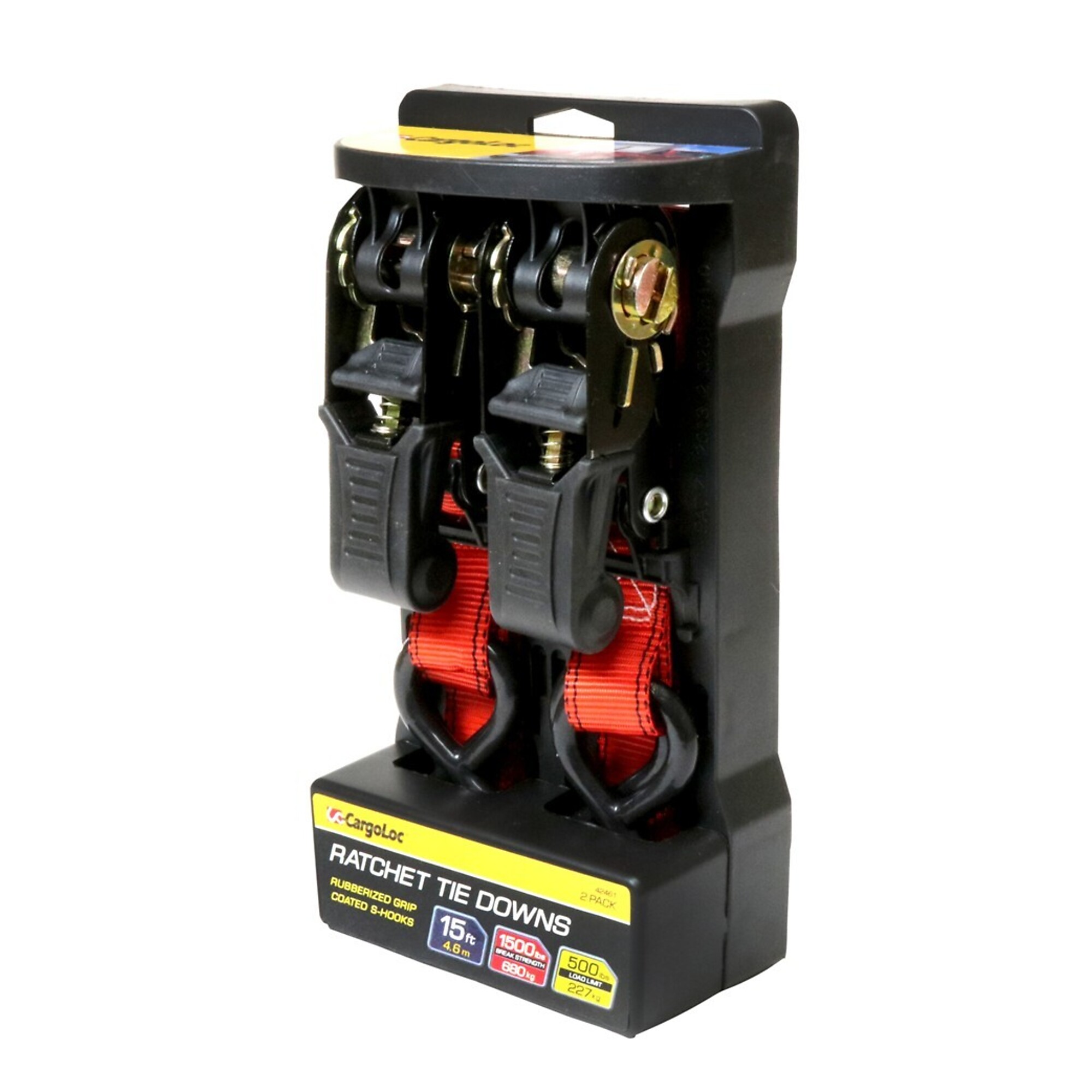 CargoLoc, 2 Pc 1" x 15'  1,500lbs break strength, 500lbs working load limit, Ratchet Tie Down Straps, S-Hooks, Model # 42461