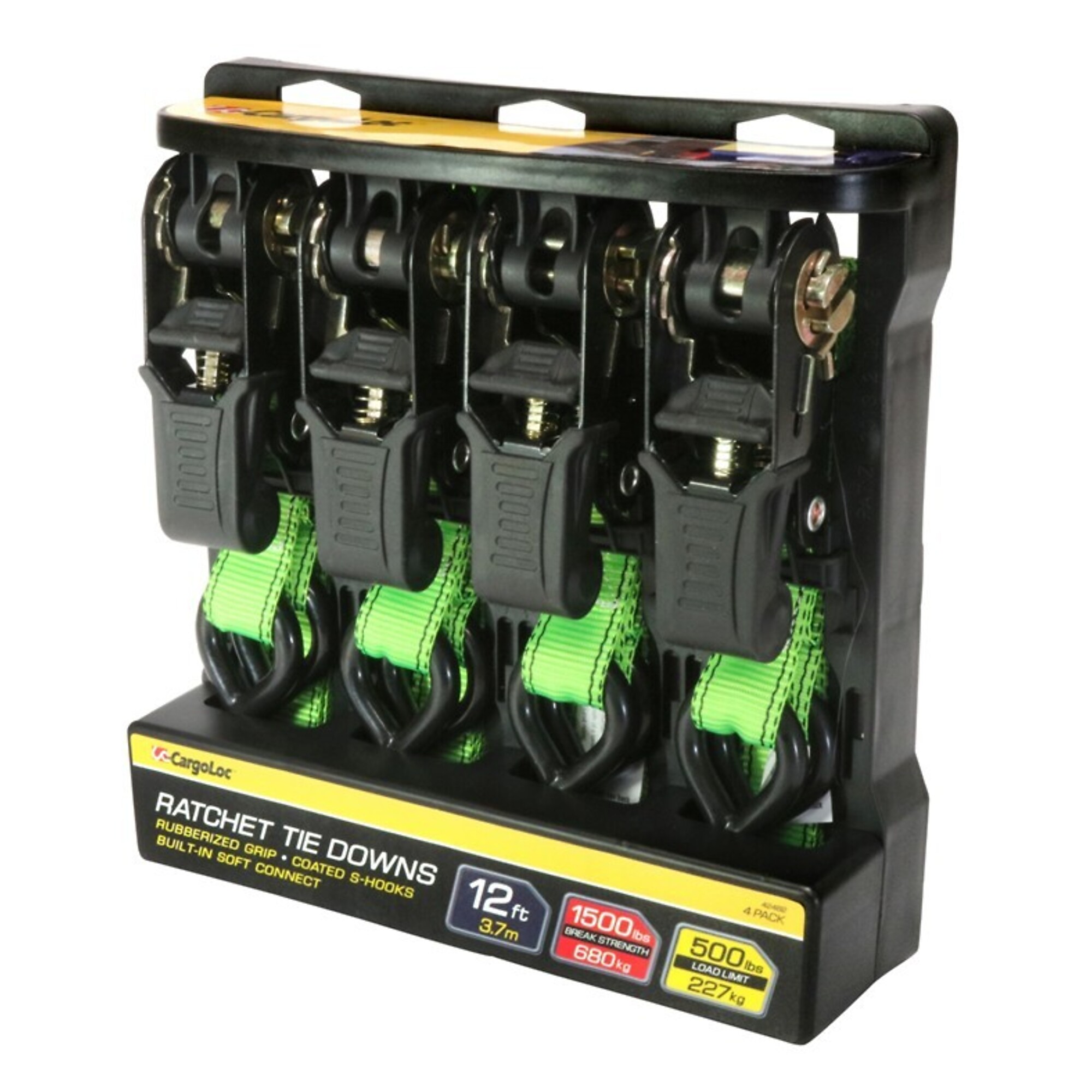 CargoLoc, 4 Pc 1" x 12'  1,500lbs break strength, 500lbs working load limit, Ratchet Tie Down Straps, S-Hooks, Model # 42462