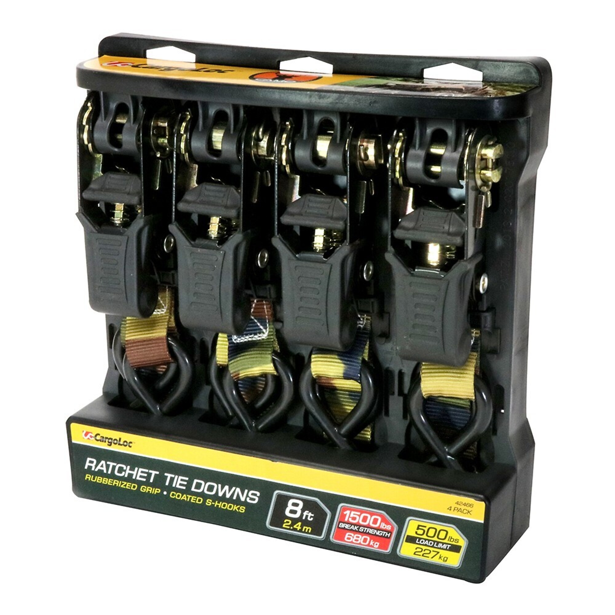 CargoLoc, 4 Pc 1" x 8' 1,500lbs break away strength, 500lbs working load limit, Ratchet Tie Down Straps, S-Hooks, Camo Model # 42466