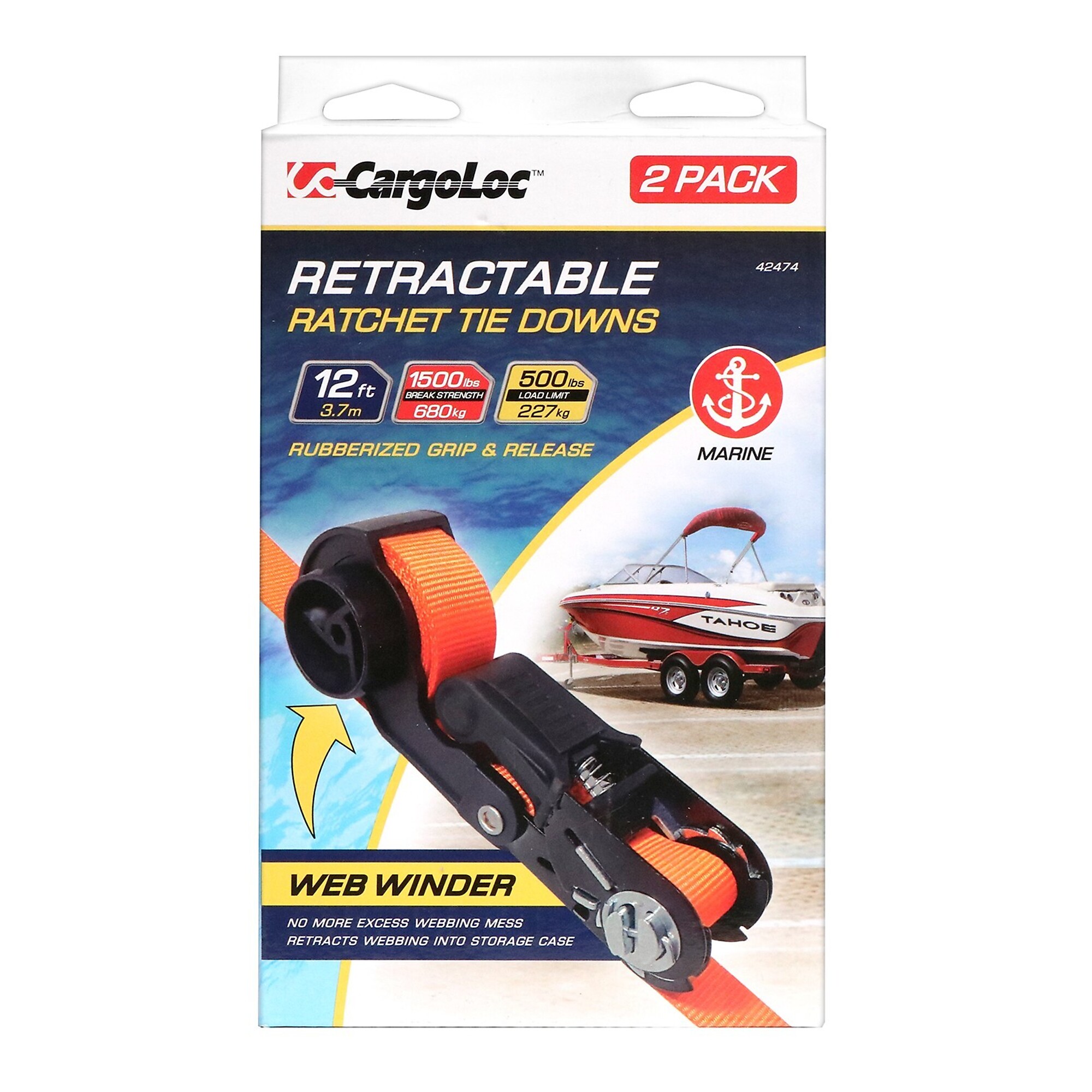 CargoLoc, 2 Pc 1" x 12'  1,500lbs break strength, 500lbs working load limit, Retractable Marine Ratchet Tie Down Straps, S-Hooks, Model # 42474