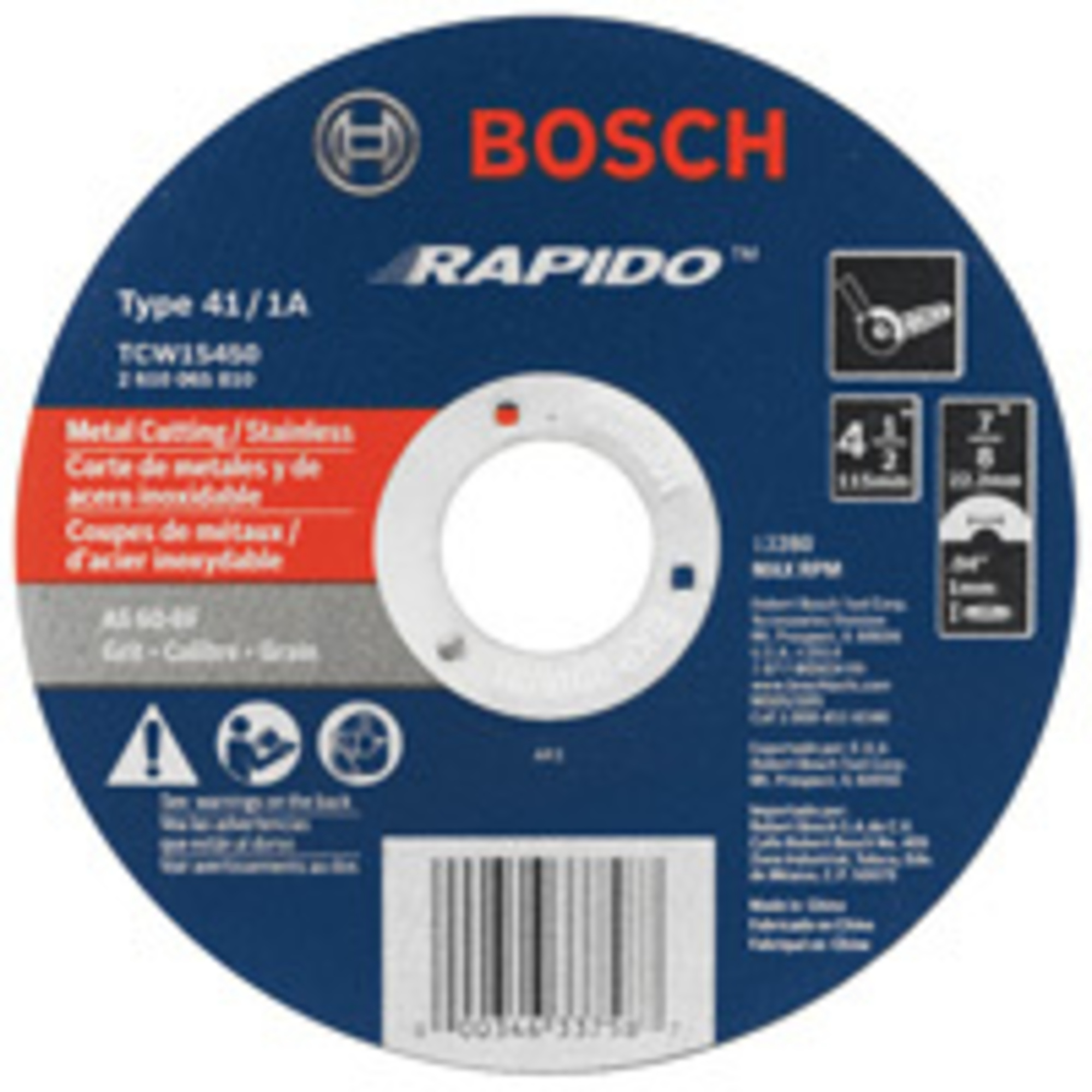 Bosch Rapido Fast Metal/Stainless Cutting Abrasive Wheel — 4 1/2in. x 0.040in., 7/8in. Arbor, 60 Grit, Model# TCW1S450