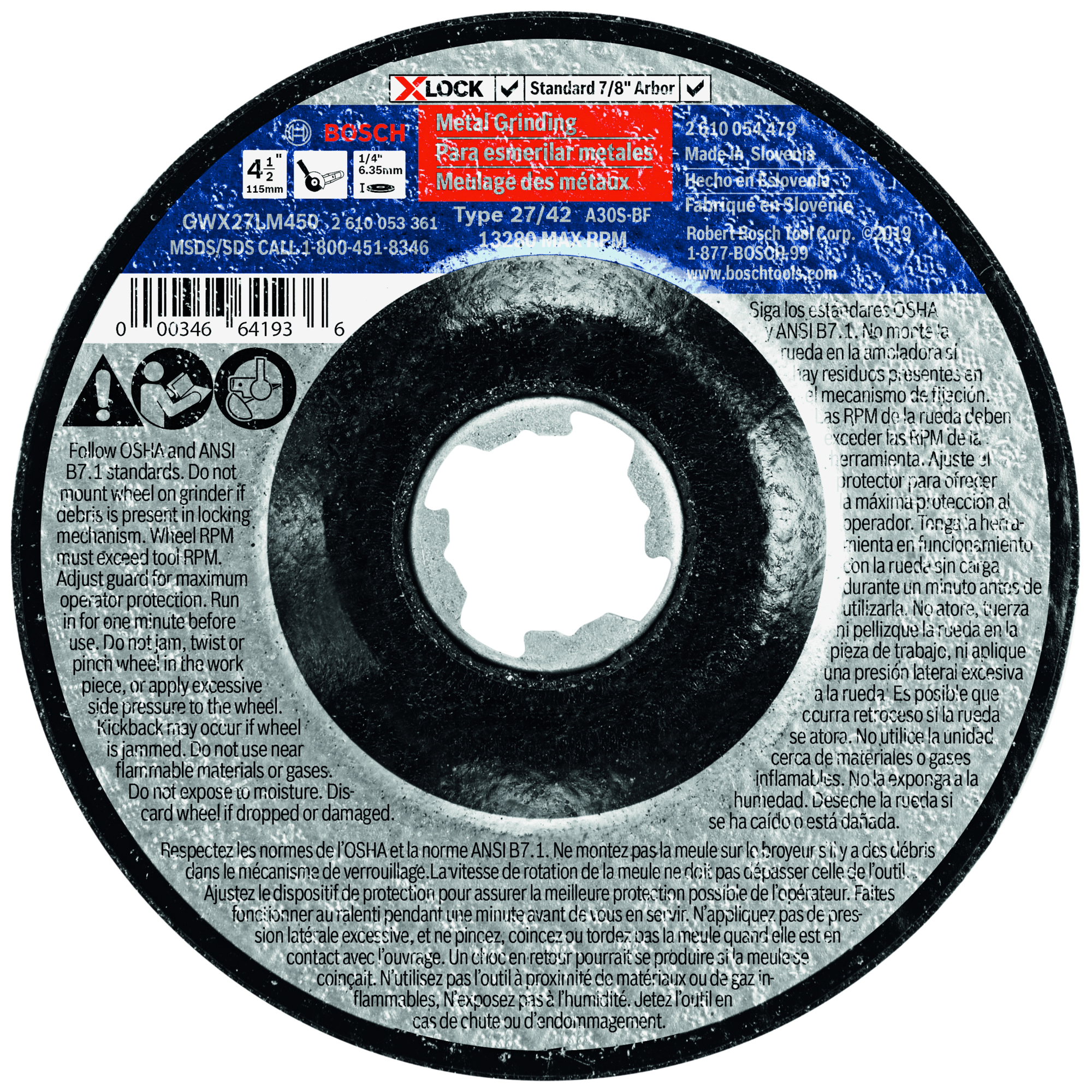 Bosch X-LOCK Metal Grinding Abrasive Wheel — 4.5in. x 1/4in., Type 27, 30 Grit, Model# GWX27LM450