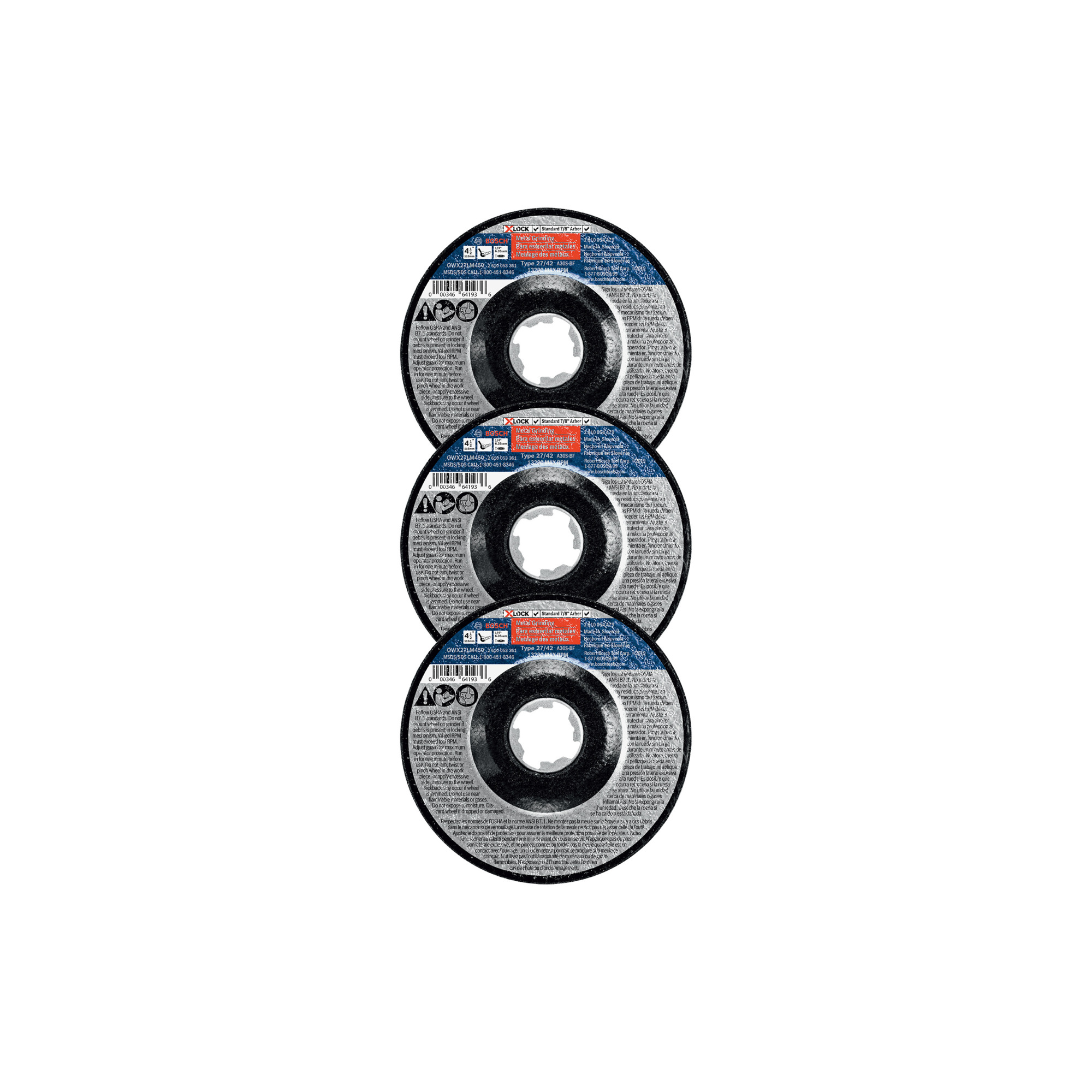 Bosch Metal Grinding Abrasive Wheels — 3-Pack, 4.5in. x 0.25in., X-Lock Arbor, Type 27, 30 Grit, Model# GWX27LM450P3