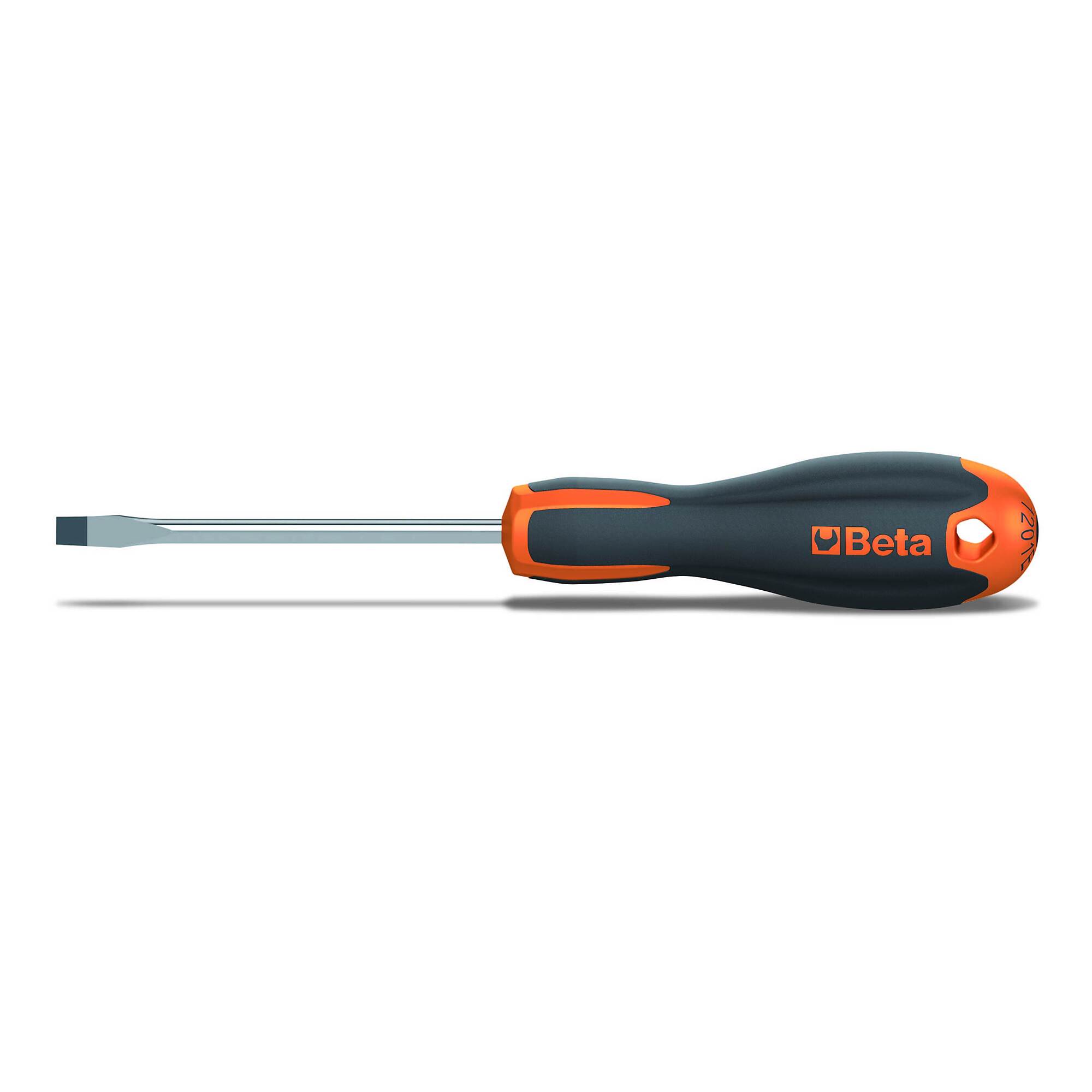 Beta 1201E Evox Slotted Screwdriver — 4mm Black Tip, Chrome-Plated, 100mm OAL, Ergonomic Handle, Model# 1201E 4X100