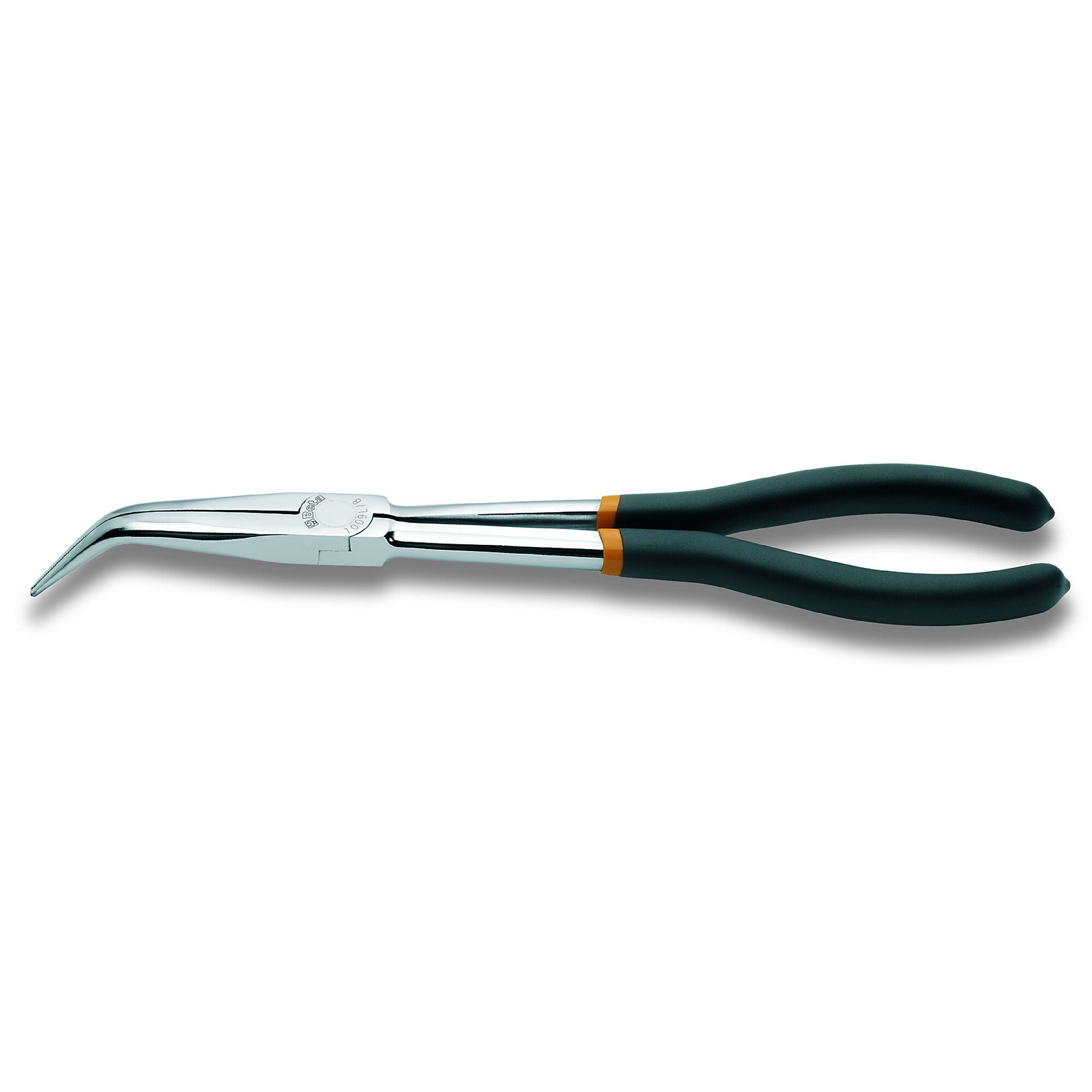 Beta Extra-Long Curved Needle Nose Pliers — 45° Bent Nose, 273mm Length, Slip-Proof PVC-Coated Handles, Knurled, Model# 1009L/B