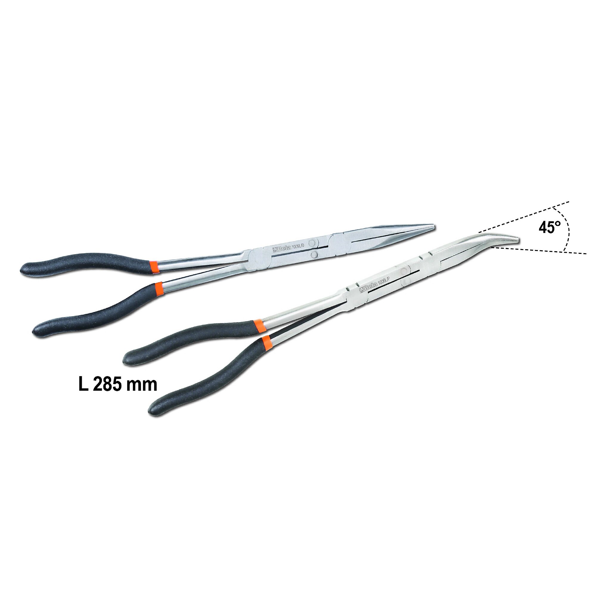 Beta Extra-Long Knurled Half Round Nose Pliers — 2-Piece Set, 45° Bent Nose, Double Swivel, 336mm Length, Slip-Proof PVC Coated Handles, Model# 1009L/DP-S2