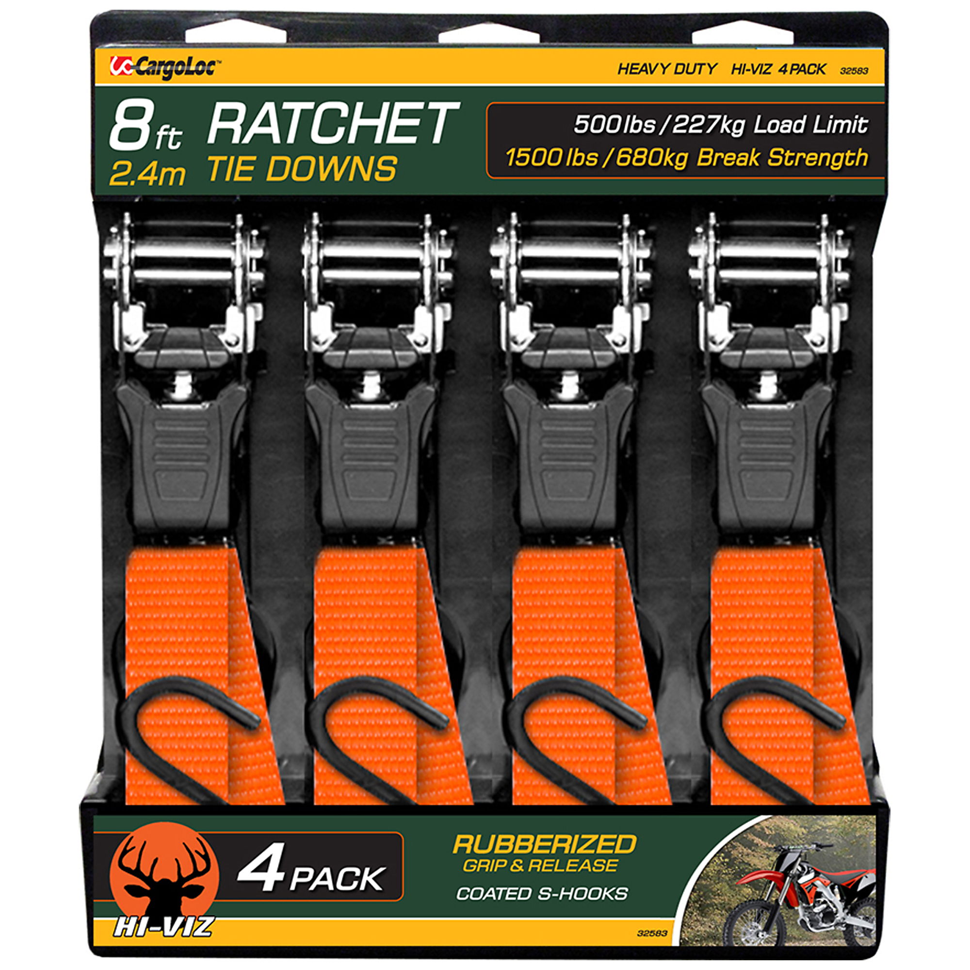 CargoLoc, 4 Pc 1" x 8' 1,500lbs break away strength, 500lbs working load limit, Ratchet Tie Down Straps, S-Hooks, Hi-Viz Orange Model # 32583