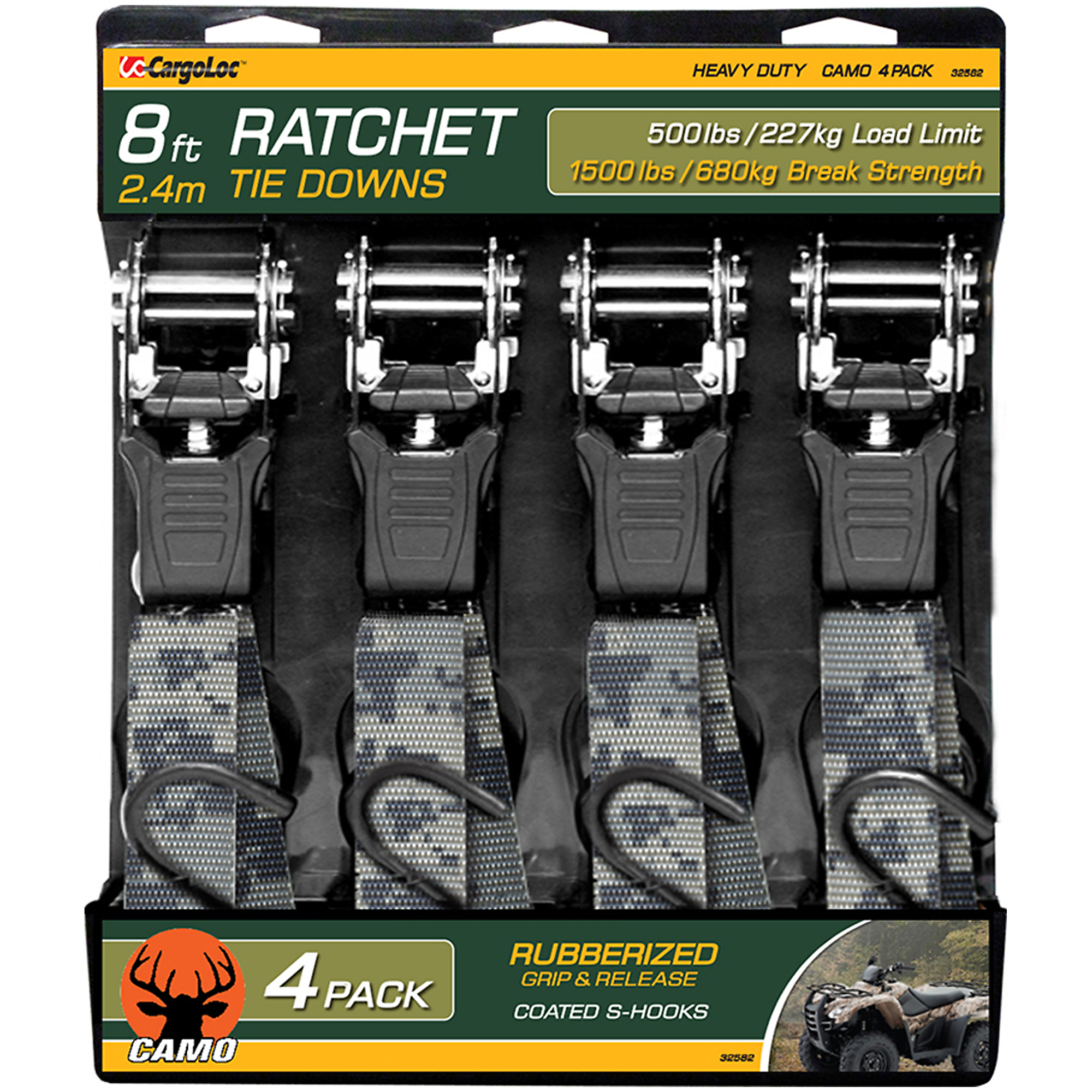 CargoLoc, 4 Pc 1" x 8' 1,500lbs break away strength, 500lbs working load limit, Ratchet Tie Down Straps, S-Hooks, Digital Camo Model # 32582