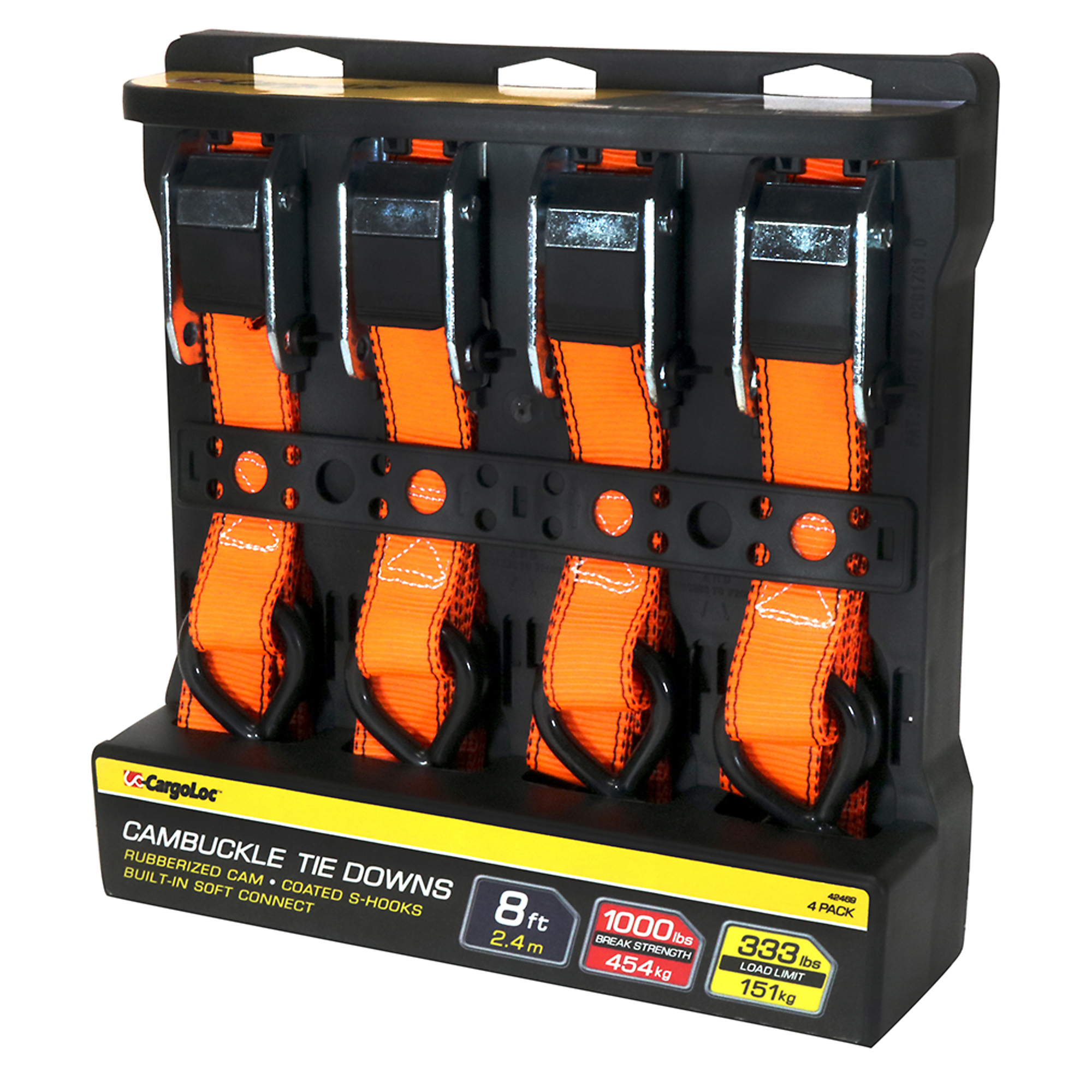 CargoLoc, 4 Pc 8' 1,000lbs break away strength, 333lbs working load limit, Cambuckle Tie Down Straps, S-Hooks, Model # 42469