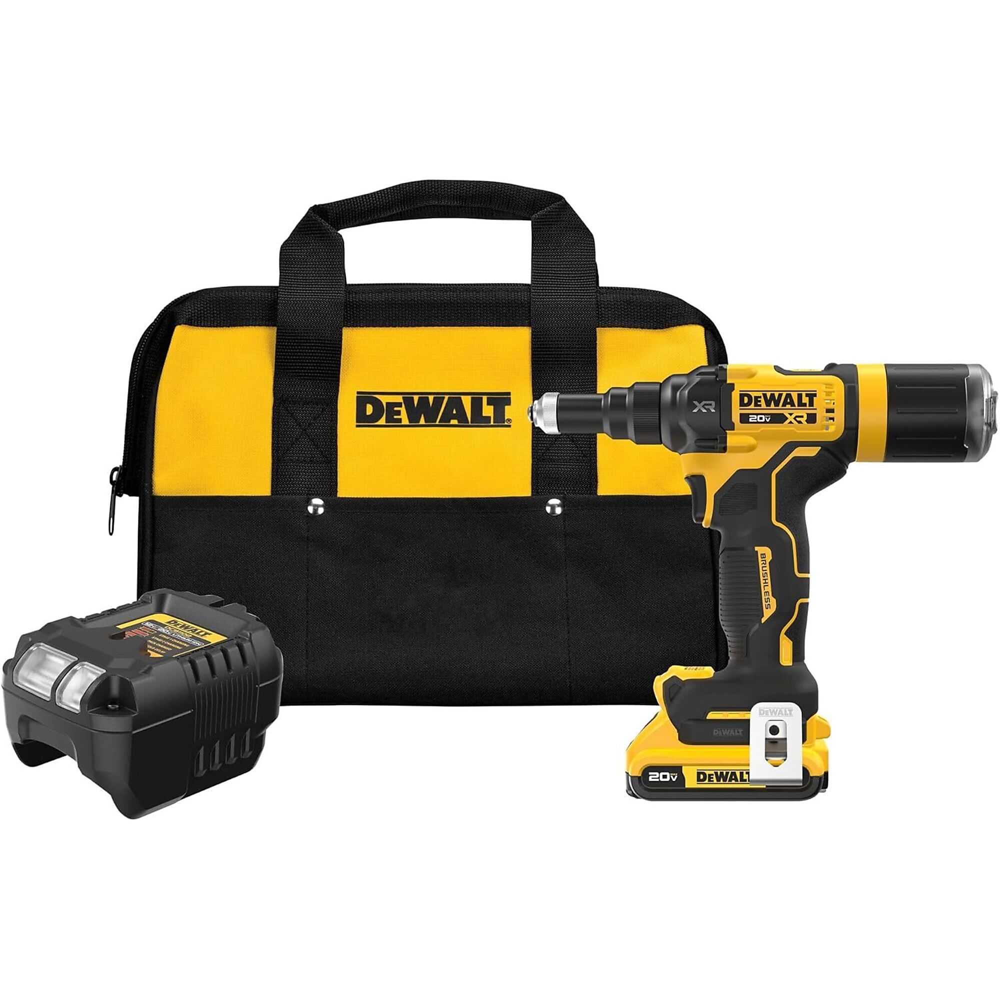 DeWalt 20V MAX XR Brushless Cordless Rivet Tool Kit — 3/16in., 2,100 lbf Pulling Force, 0.98in. Stroke, LED Work Light, Model# DWTDCF403D1