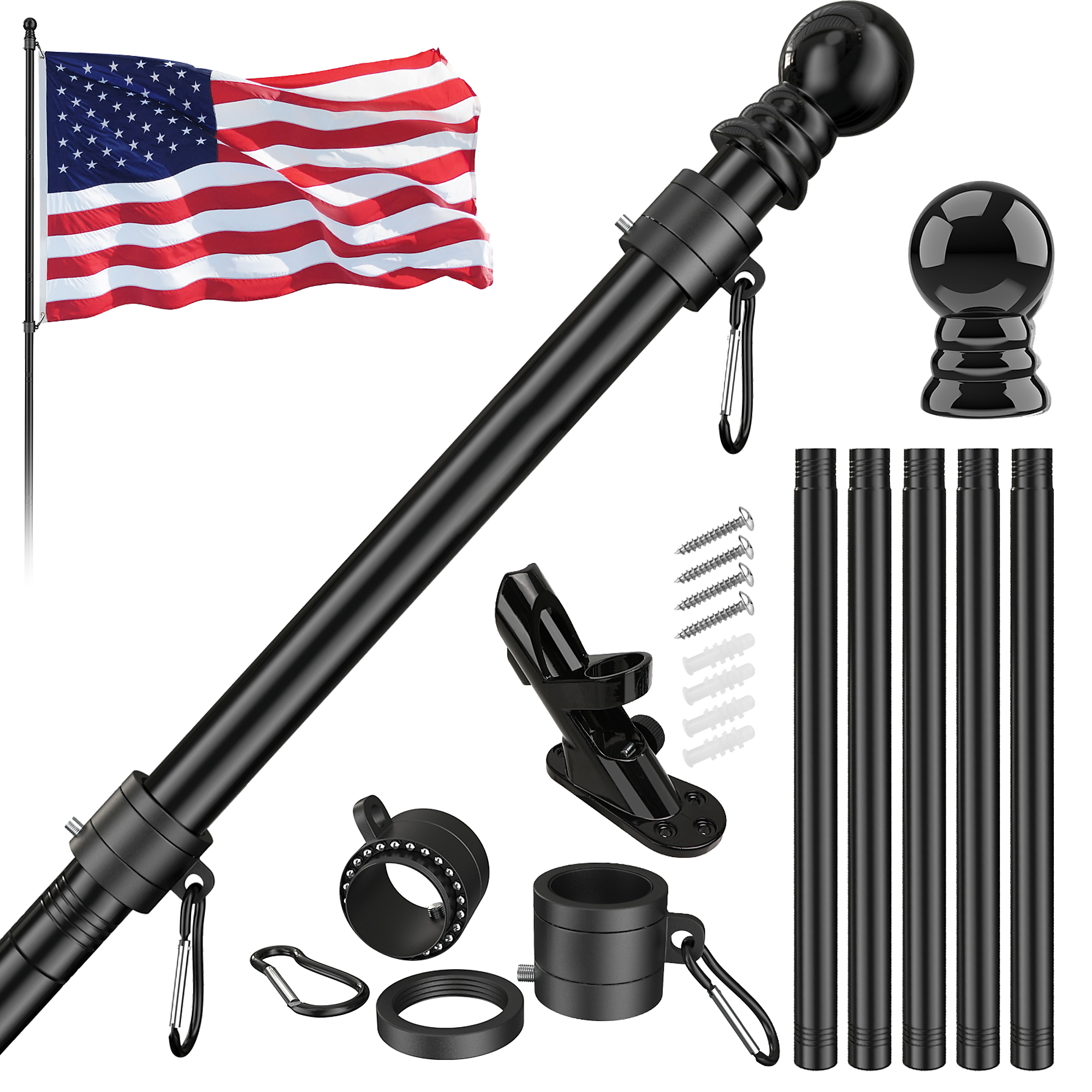 FlagStars 6FT SS Black Flagpole 5-Section + 3x5 Nylon Flag | Anti-Wrap Black Rings & 2-Position Black Bracket | Model# FSB-5S6FS-B2-35N